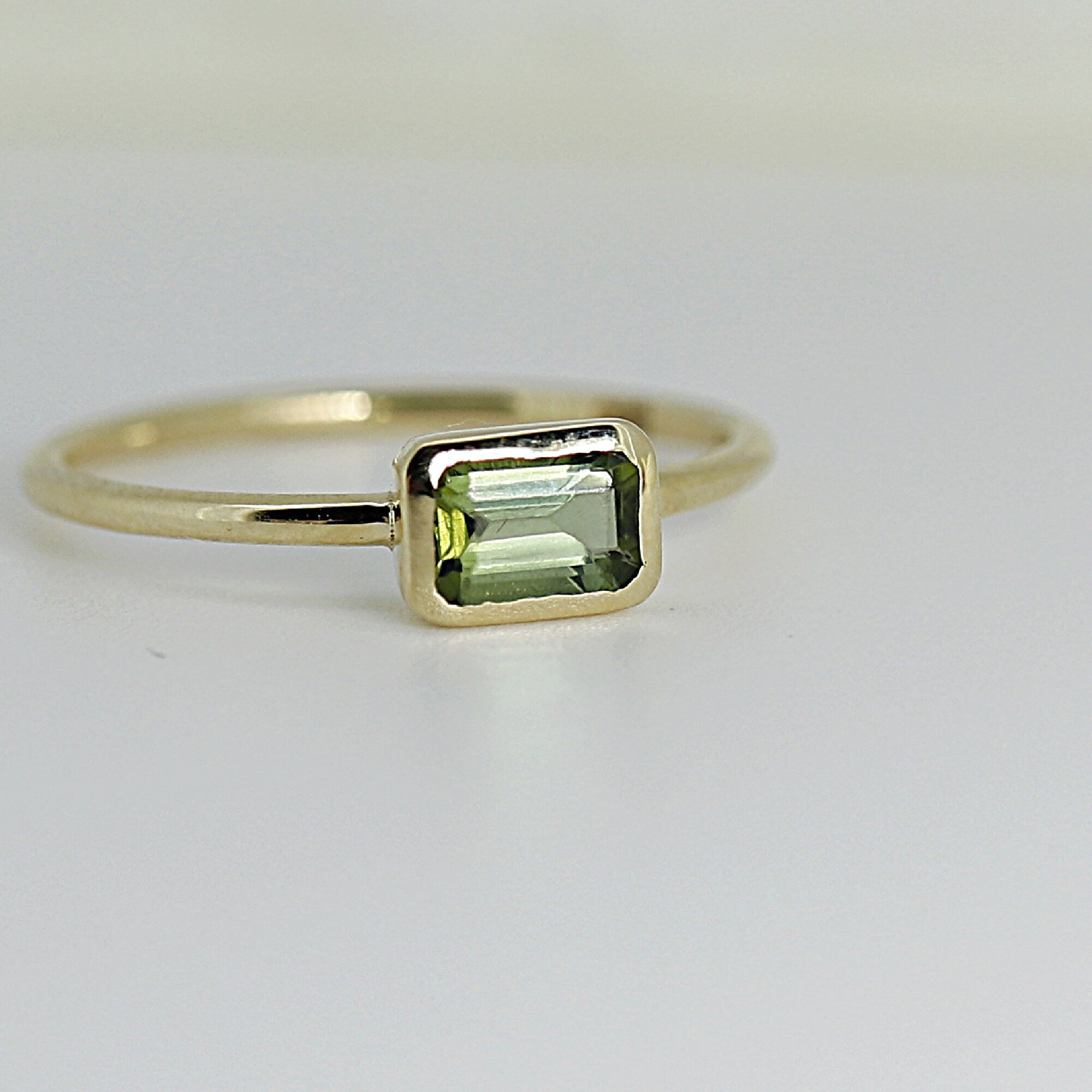 Bezel Set Green Tourmaline Ring, Emerald Cut Tourmaline Ring