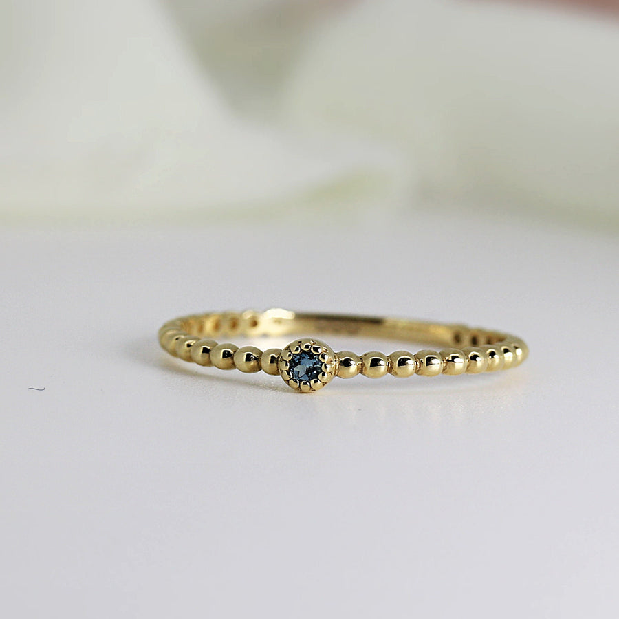 Tiny Birthstone Stacking Ring, 14k Solid Gold Beaded Ring with Gemstone, Dainty Gemstone Ring, Minimal Birthstone Stacking Ring