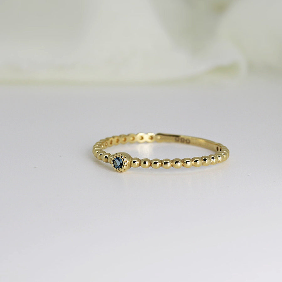 Tiny Birthstone Stacking Ring, 14k Solid Gold Beaded Ring with Gemstone, Dainty Gemstone Ring, Minimal Birthstone Stacking Ring