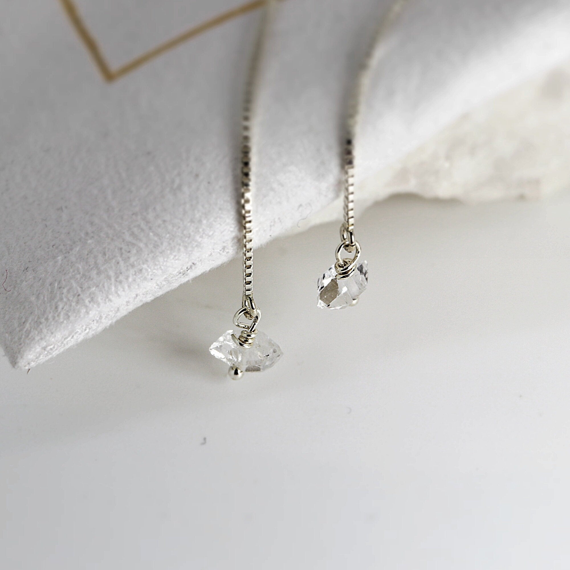 Herkimer Diamond Earrings Threader, Herkimer Dimond Threader Earrings, Gold Threader Earrings, Sterling Silver Ear Threaders, Thread Earring