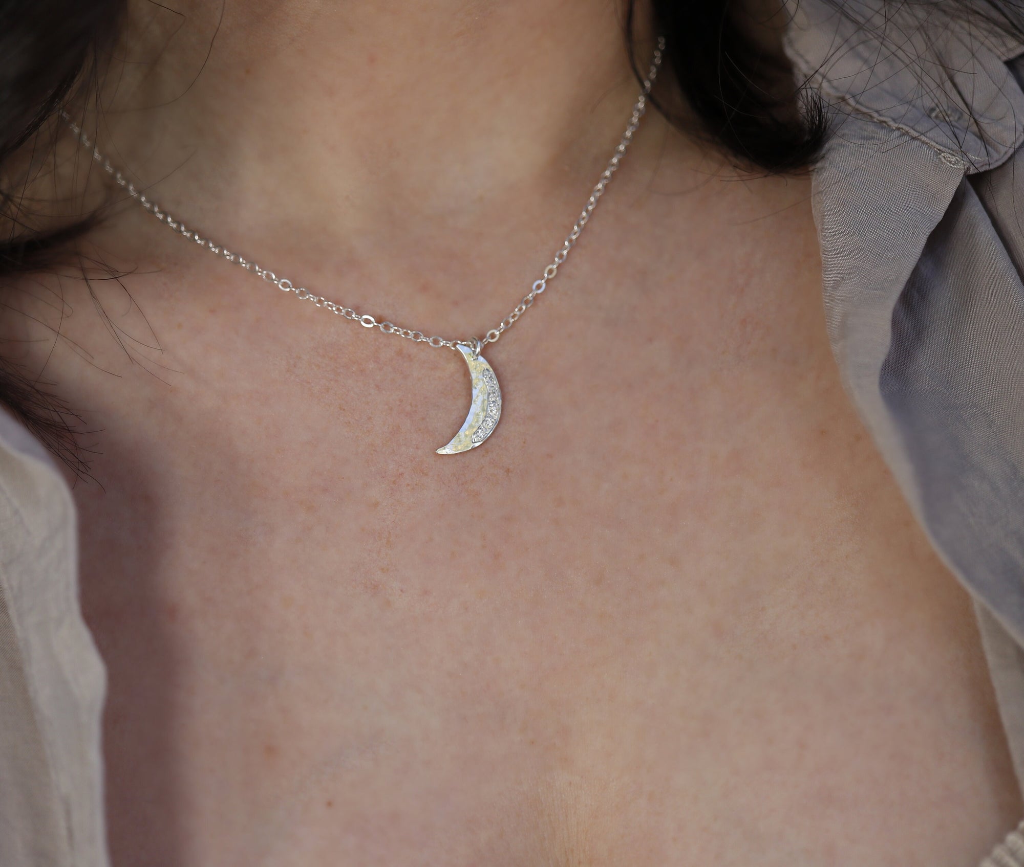 Diamond Crescent Moon Necklace Sterling Silver