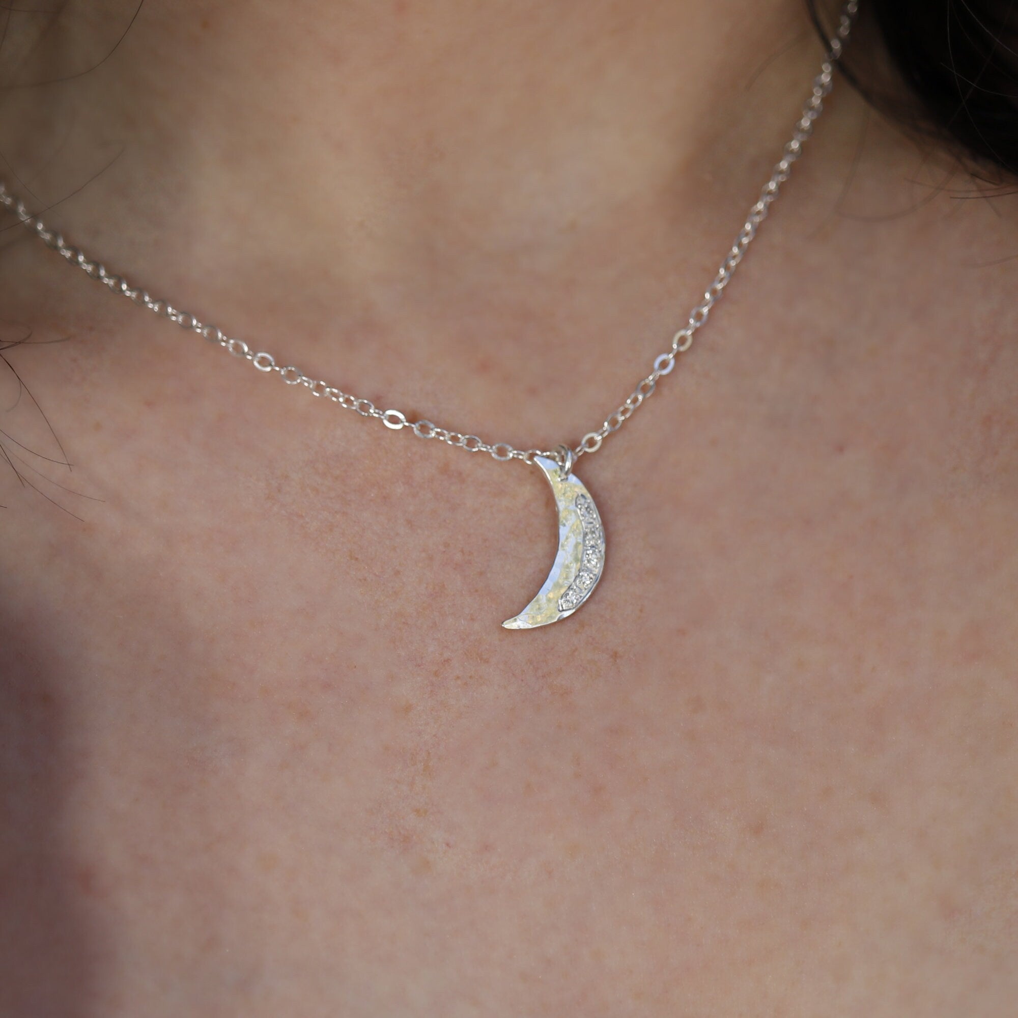 Diamond Crescent Moon Necklace Sterling Silver