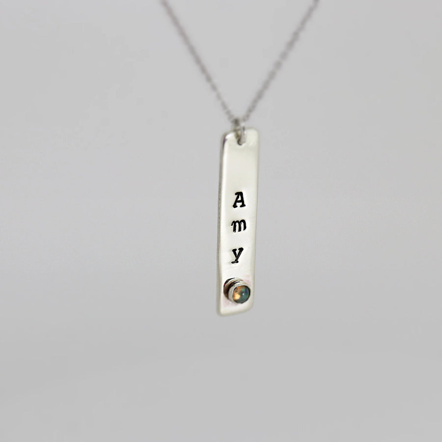 Personalized Vertical Bar Necklace w Birthstone, Sterling Silver Name Necklace