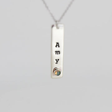Personalized Vertical Bar Necklace w Birthstone, Sterling Silver Name Necklace