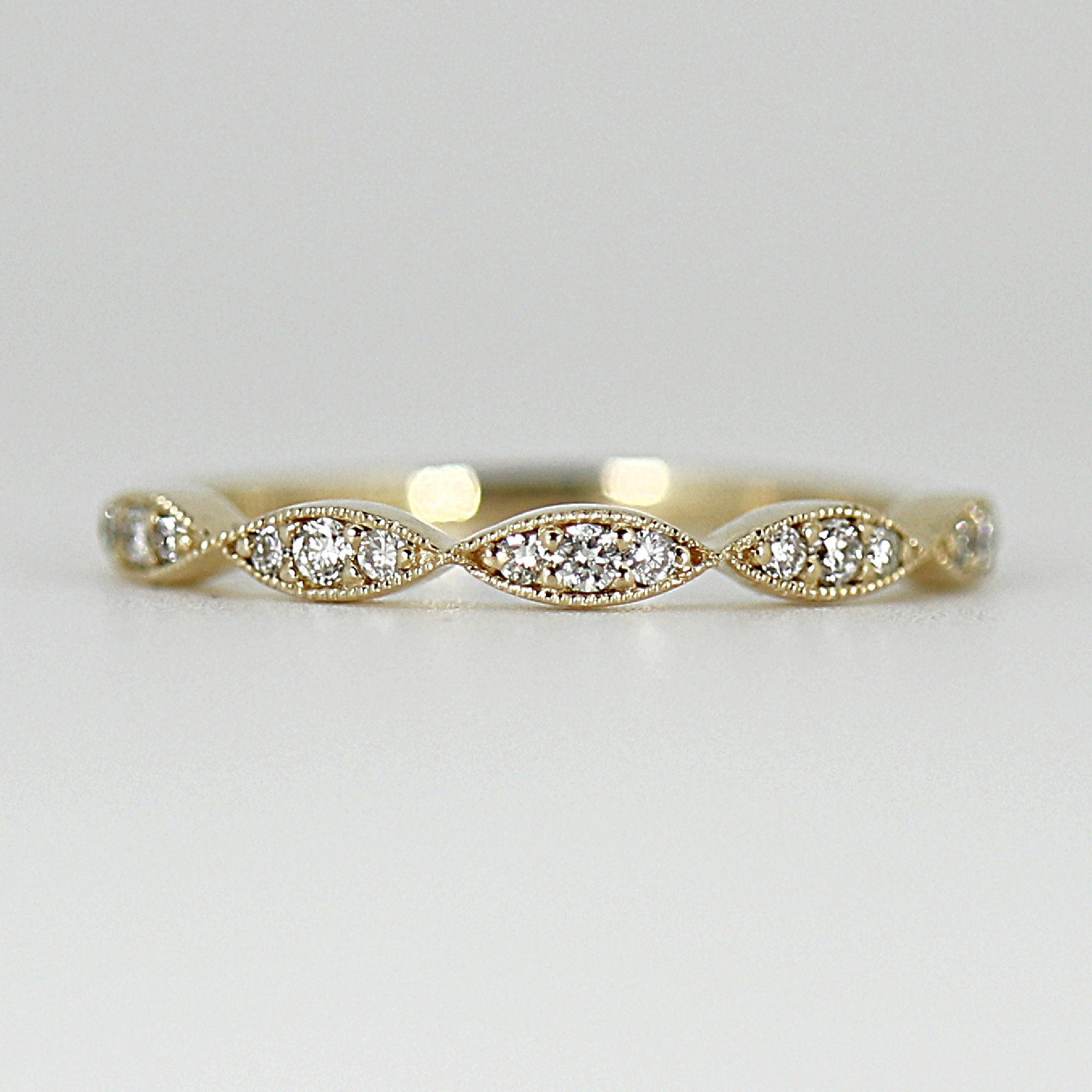 Art Deco Diamond Wedding Band, 14k Solid Gold Milgrain Diamond Ring, Marquise Shaped Diamond Eternity Wedding Band, Vintage Wedding Band