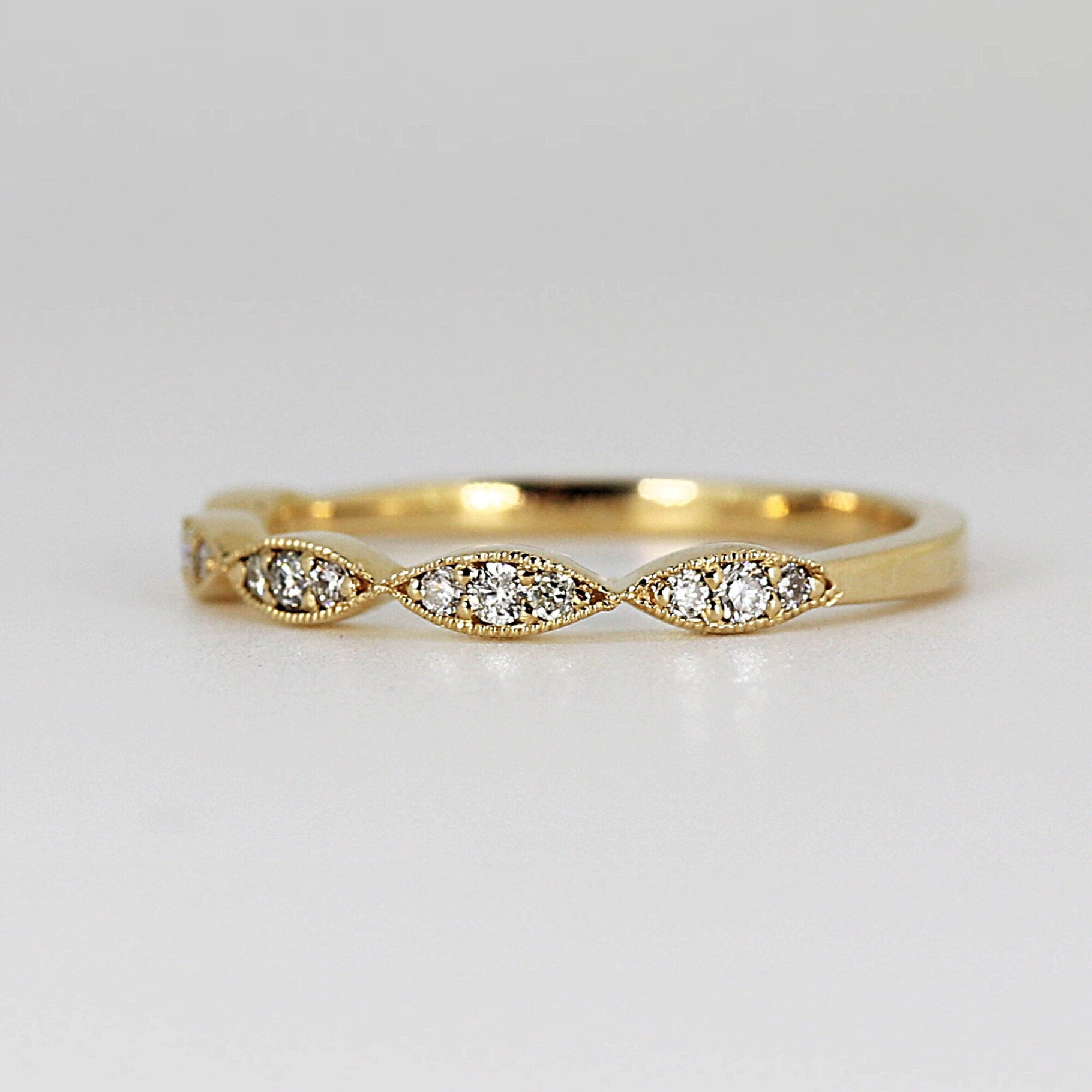 Art Deco Diamond Wedding Band, 14k Solid Gold Milgrain Diamond Ring, Marquise Shaped Diamond Eternity Wedding Band, Vintage Wedding Band