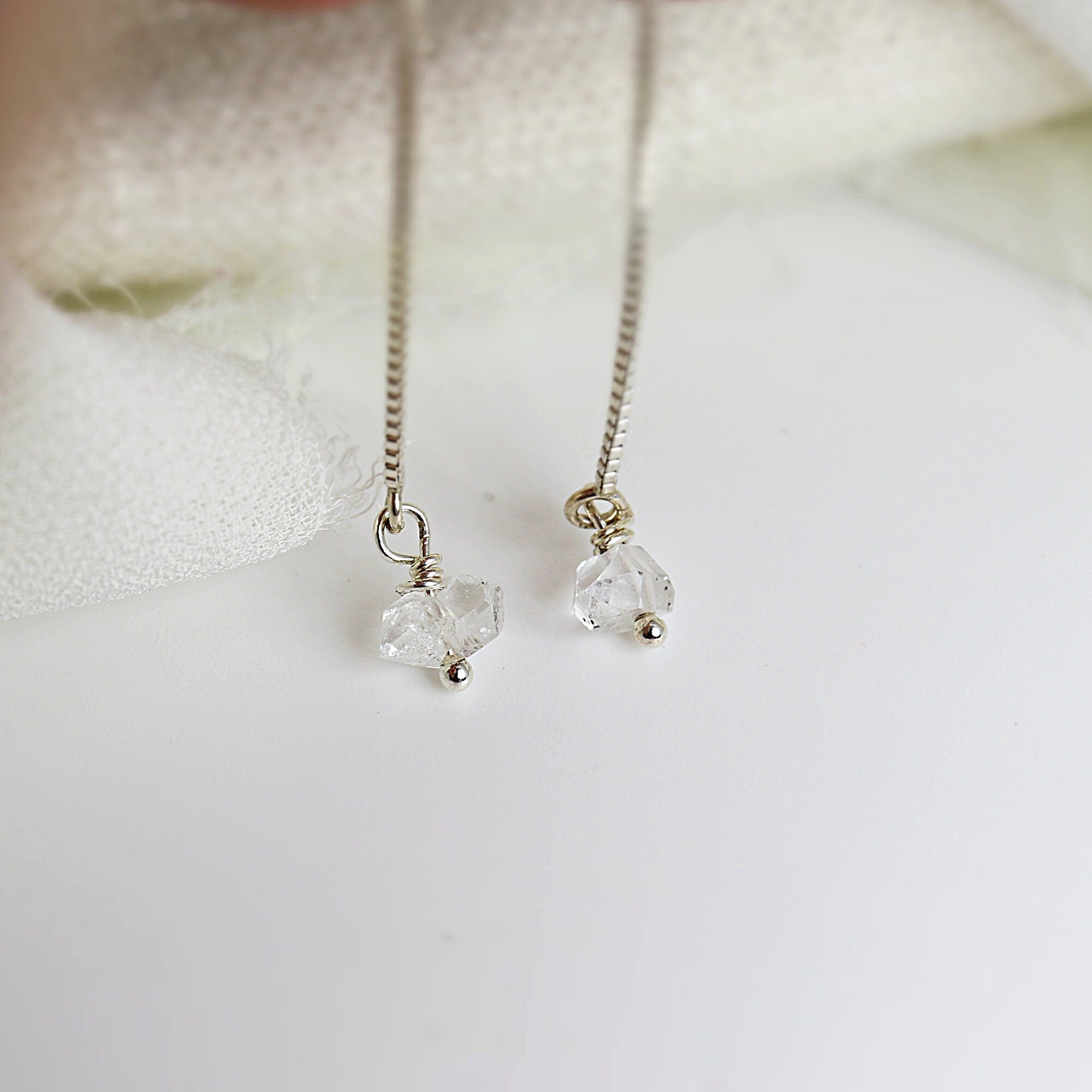 Herkimer Diamond Earrings Threader, Herkimer Dimond Threader Earrings, Gold Threader Earrings, Sterling Silver Ear Threaders, Thread Earring