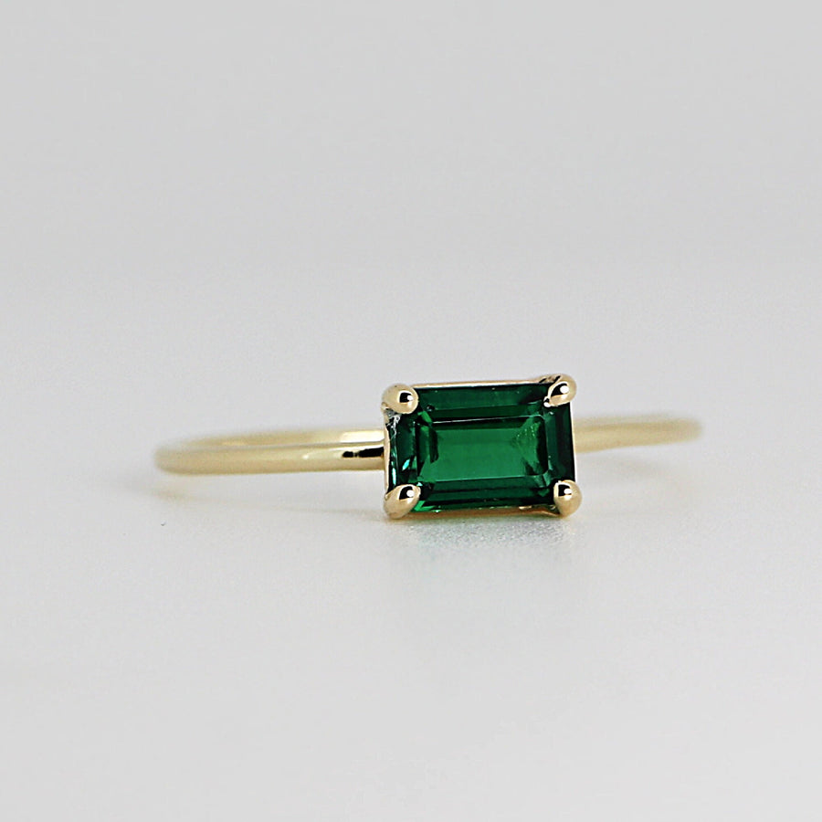 East West Emerald Ring, 14k Solid Gold Emerald Cut Emerald Ring
