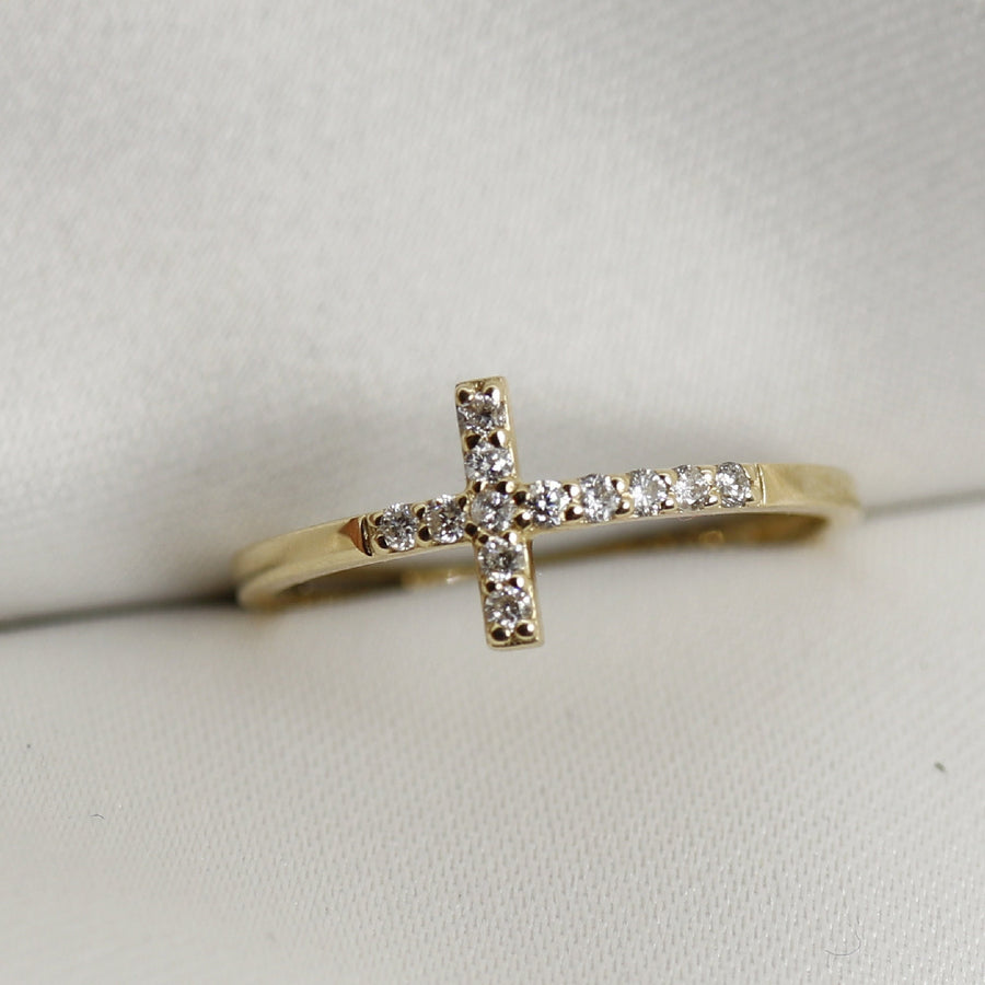 14k Solid Gold Cross Ring, Diamond Cross Ring