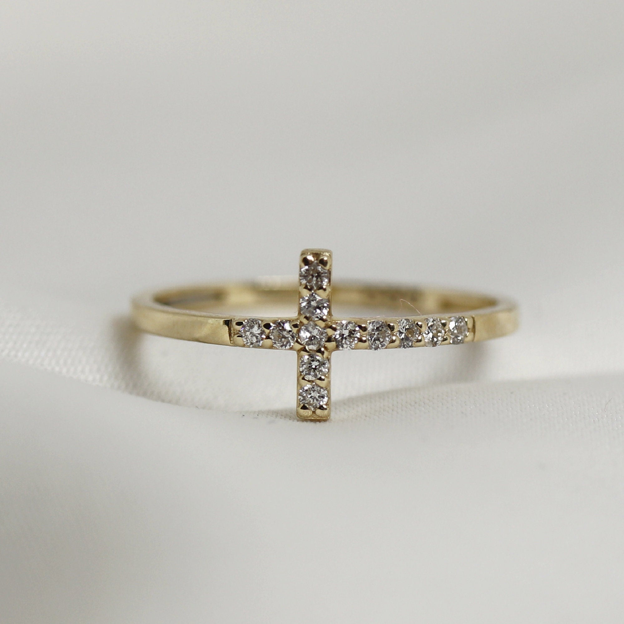 14k Solid Gold Cross Ring, Diamond Cross Ring