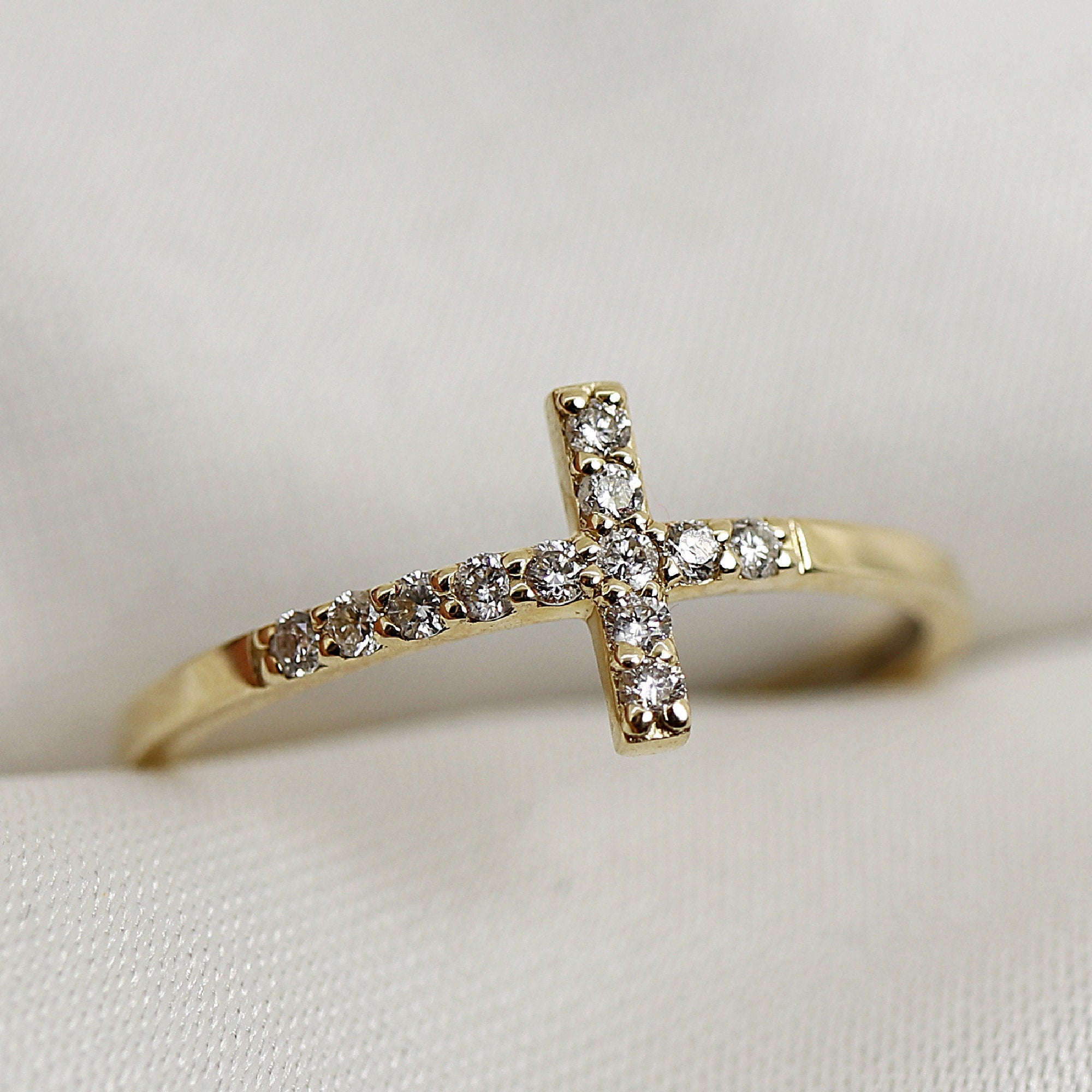 14k Solid Gold Cross Ring, Diamond Cross Ring