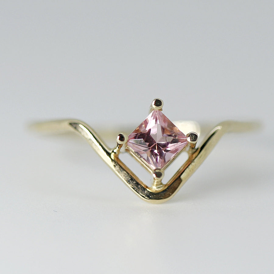 Princess Tourmaline Ring, V Ring w Gemstone Pink Tourmaline Ring 14k Gold