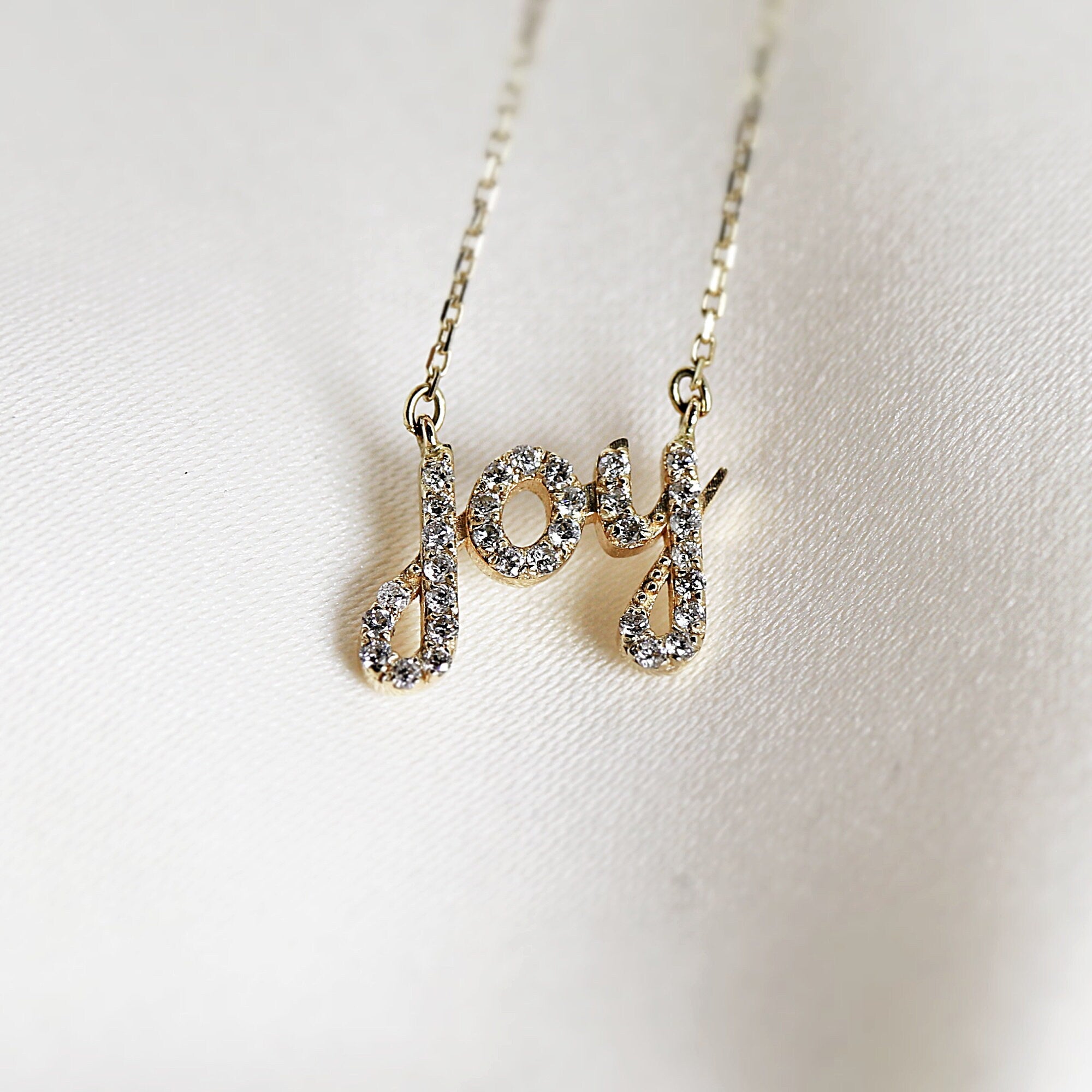 14k Solid Gold Diamond Joy Necklace, Personalize Diamond Necklace