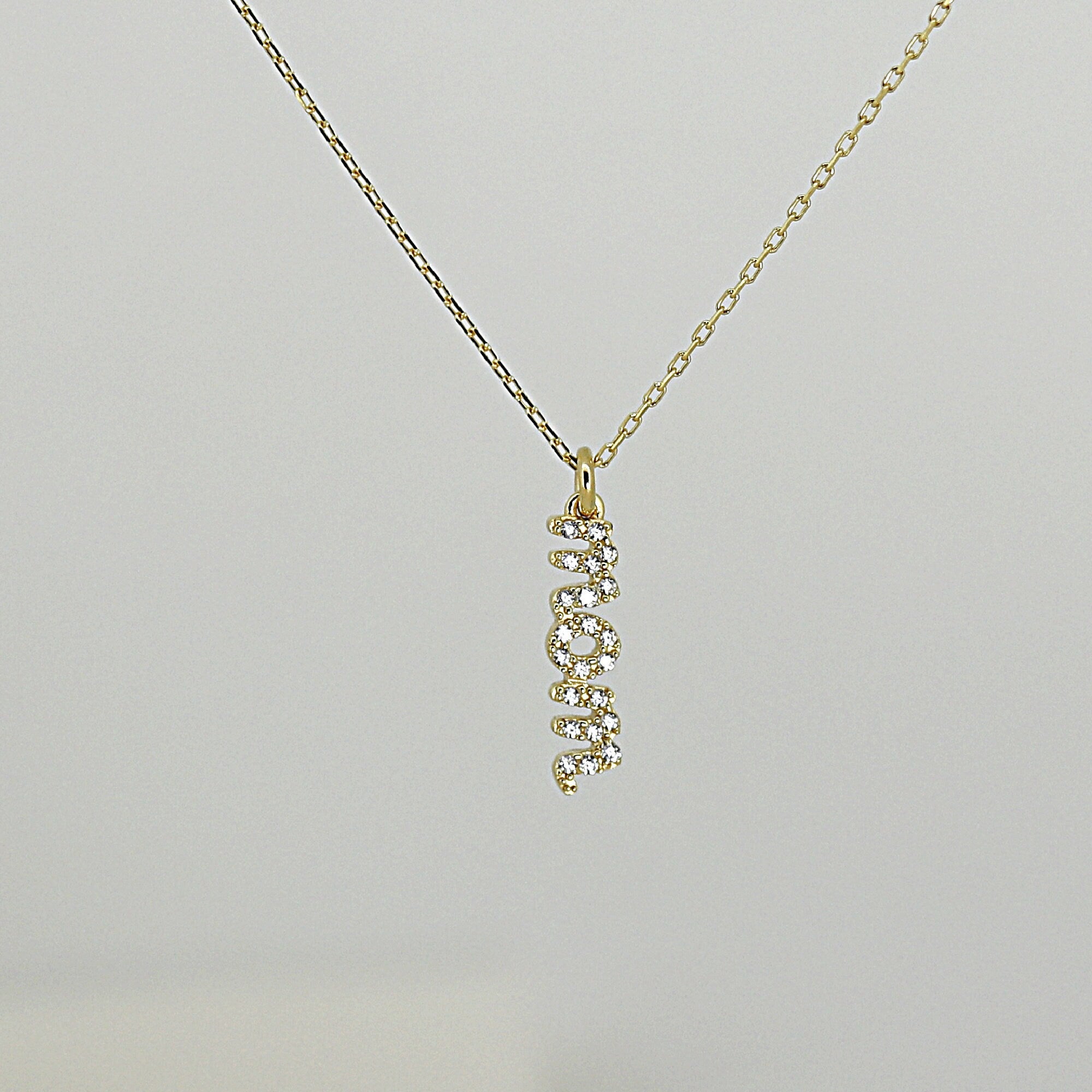 Pave Mom Necklace, Gold Mom Necklace, Mothers Necklace with CZ Diamonds