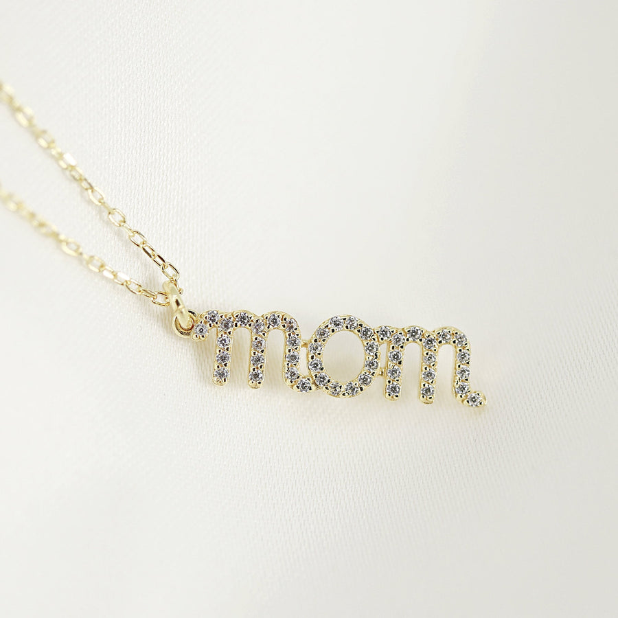 Pave Diamond Cz Mom Necklace in Sterling Silver, Gold or Rose Gold Vermeil