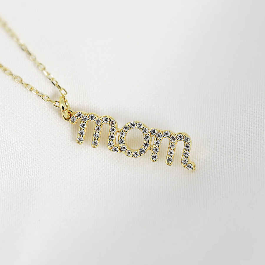 Pave Diamond Cz Mom Necklace in Sterling Silver, Gold or Rose Gold Vermeil