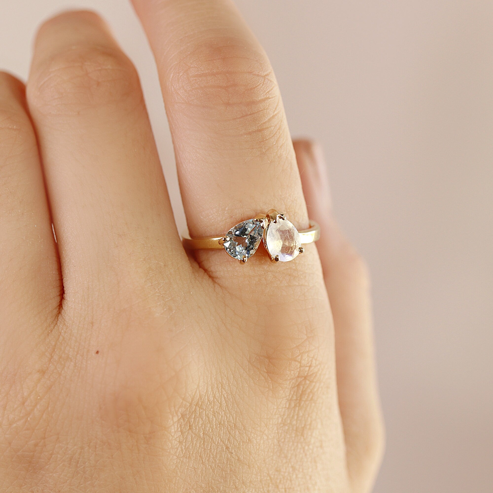 Toi et Moi Ring 14k Gold, Moonstone &amp; Aquamarine Engagement Ring, You and Me Ring