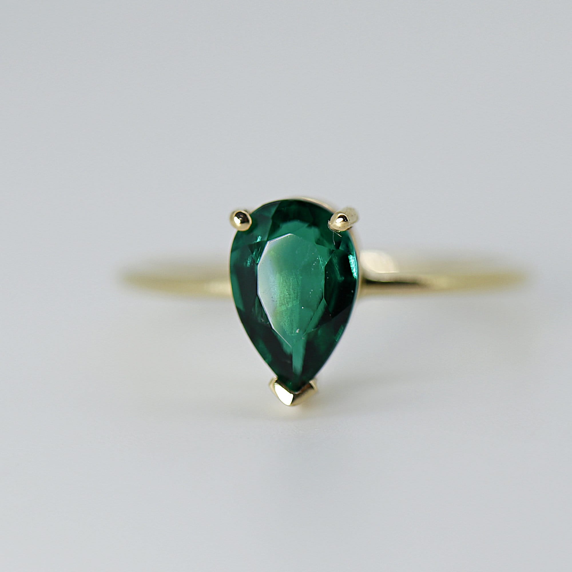 14k Gold Emerald Ring, Pear Cut Emerald Ring