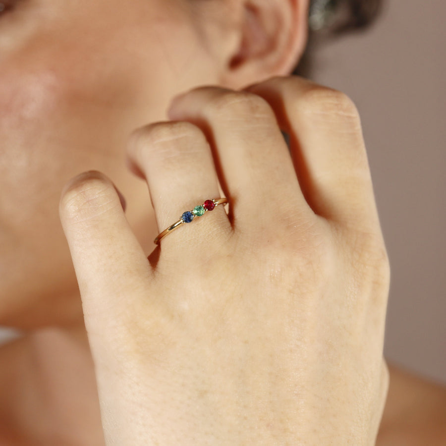 Dainty Three Stone Ring 14k Solid Gold, Sapphire, Ruby, Emerald Ring, Minimalist Ring, Colorful Gemstone Ring