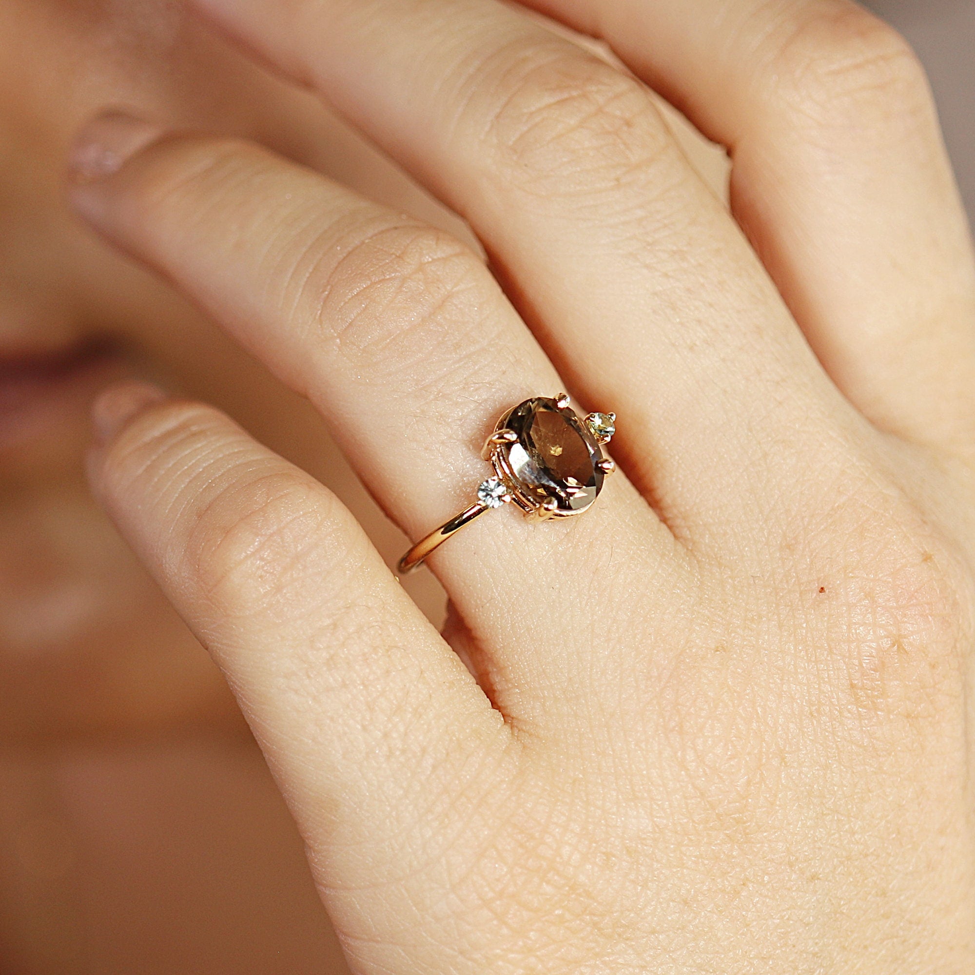 14k Gold Smokey Quartz Ring. Oval Smokey Quartz w Diamond Ring