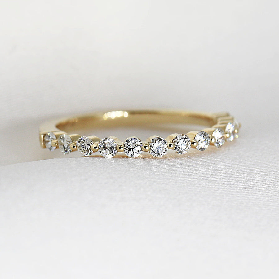 Shared Prong Diamond Wedding Band, 14k Solid Gold Floating Diamond Ring