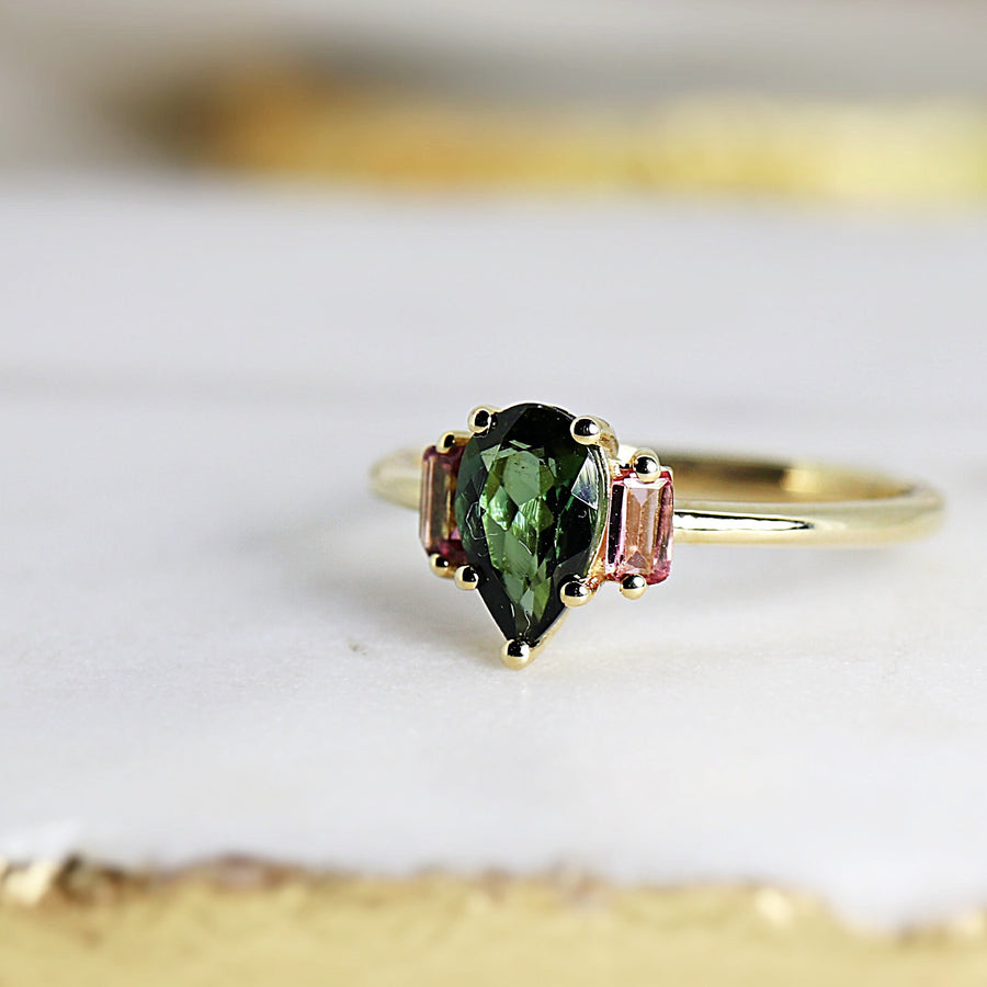 Pear Green Tourmaline Engagement Ring, Three Stone Ring