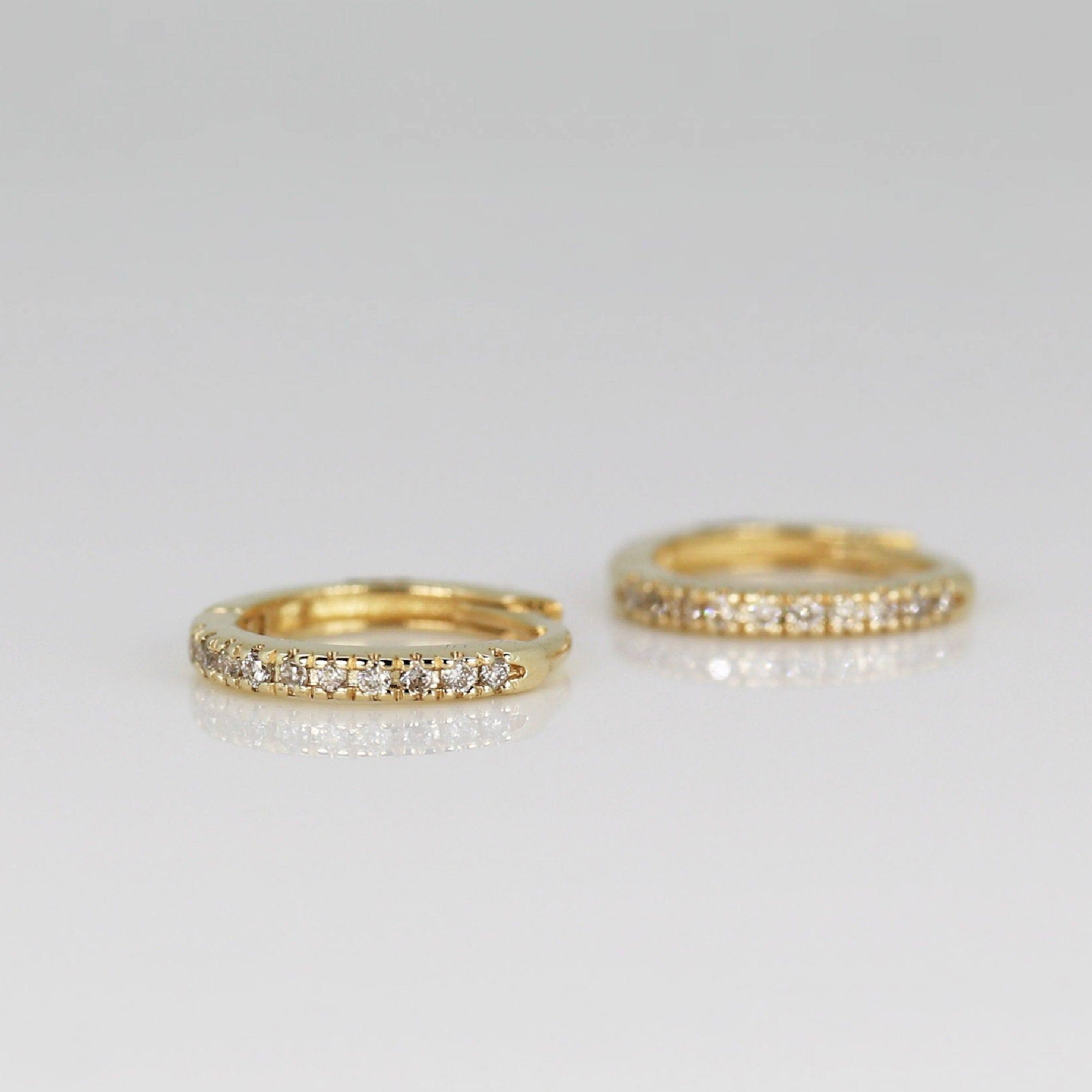 14k Solid Gold Diamond Huggie Hoops