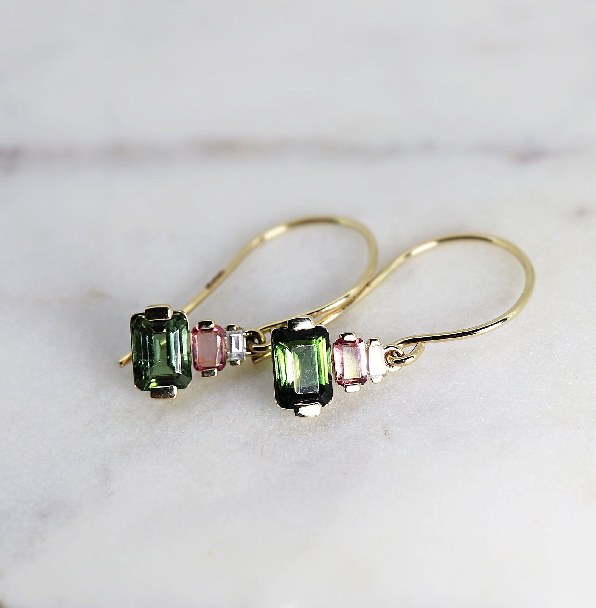 14k Gold Green Tourmaline Earrings, Dangling Earrings, Pink Tourmaline and Baguette Diamond Earrings, Baguette Tourmaline Earrings