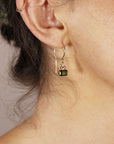 14k Gold Green Tourmaline Earrings, Dangling Earrings, Pink Tourmaline and Baguette Diamond Earrings, Baguette Tourmaline Earrings