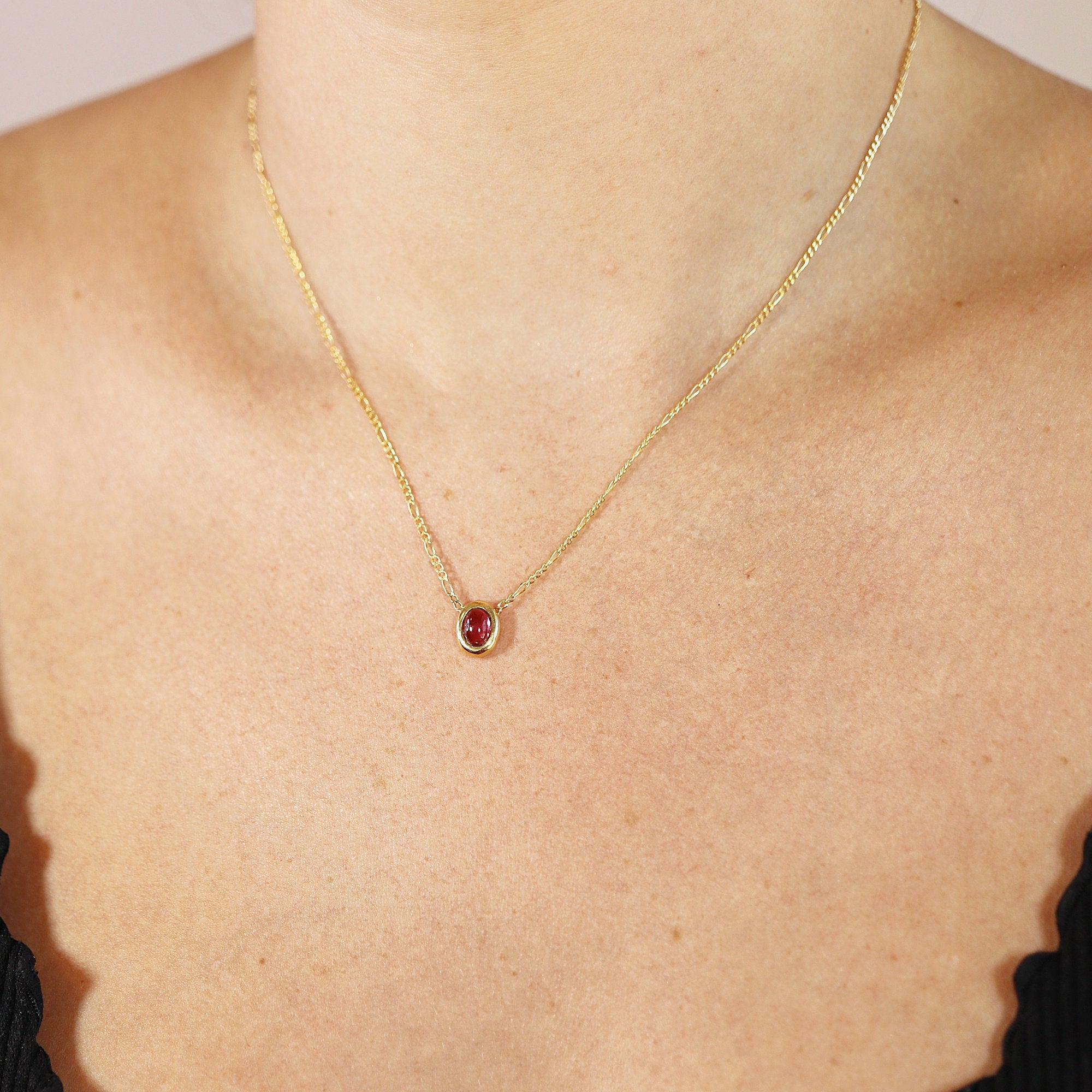 Pink Tourmaline Necklace in 14k Gold Figaro Chain