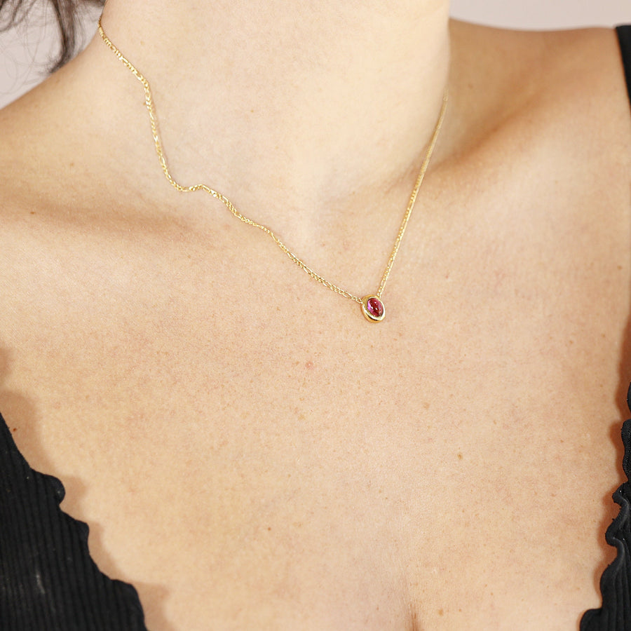 Pink Tourmaline Necklace in 14k Gold Figaro Chain