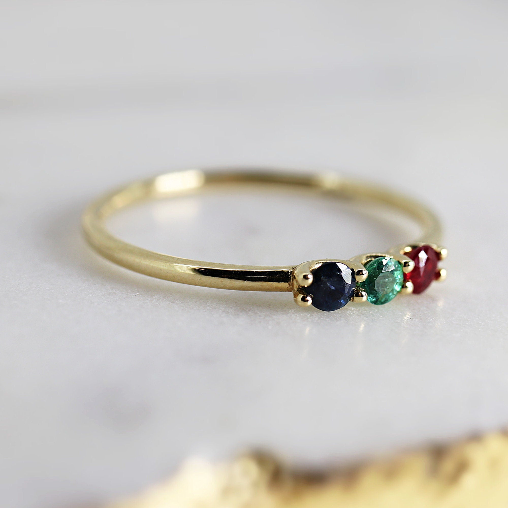 Dainty Three Stone Ring 14k Solid Gold, Sapphire, Ruby, Emerald Ring, Minimalist Ring, Colorful Gemstone Ring