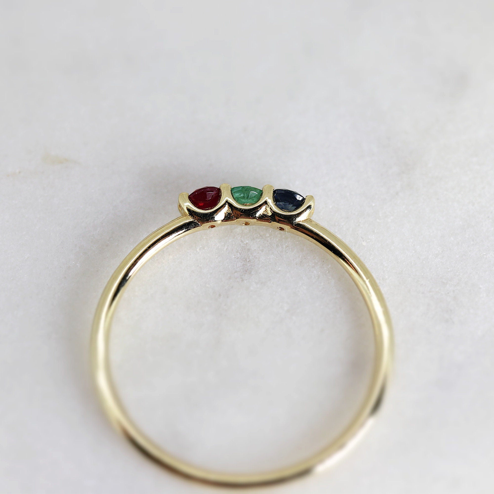 Dainty Three Stone Ring 14k Solid Gold, Sapphire, Ruby, Emerald Ring, Minimalist Ring, Colorful Gemstone Ring