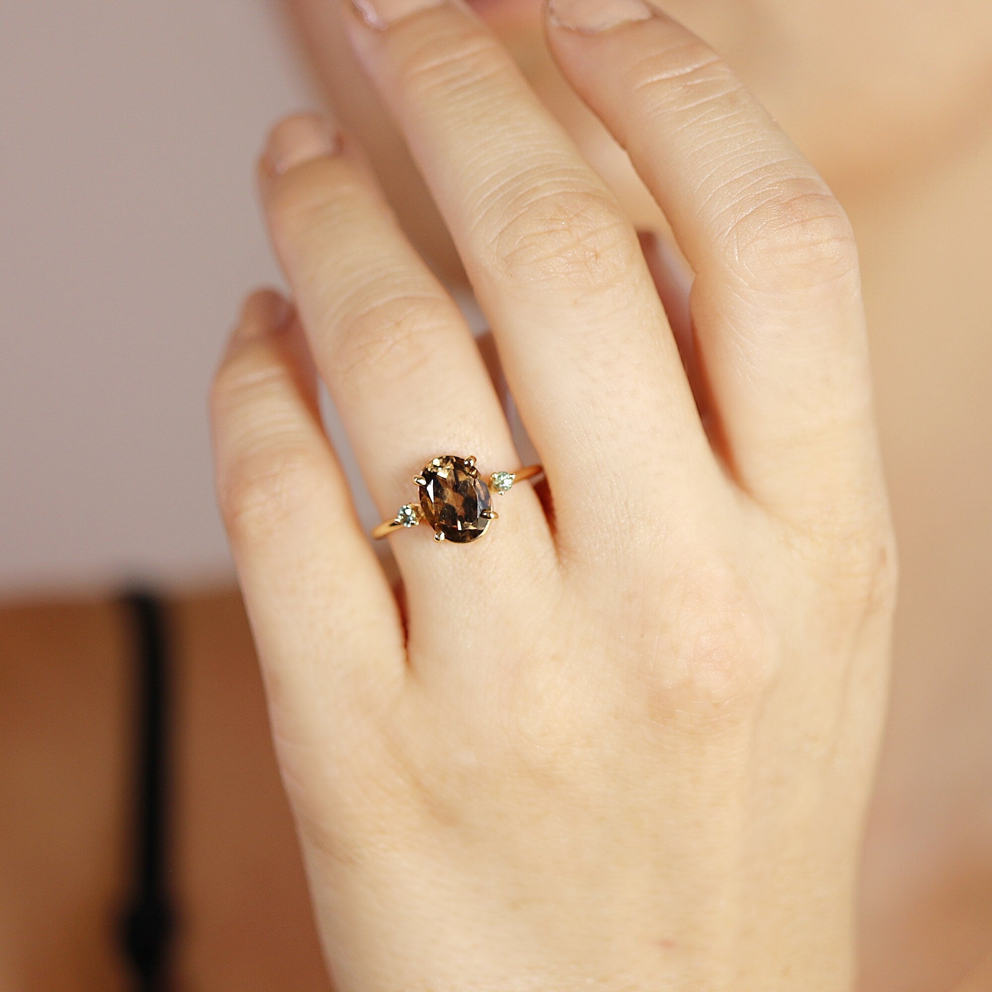 14k Gold Smokey Quartz Ring. Oval Smokey Quartz w Diamond Ring