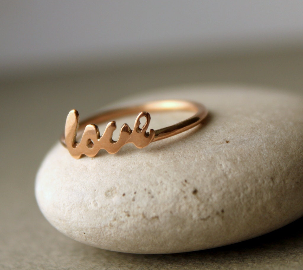 14k Gold Love Ring, Script Love Ring