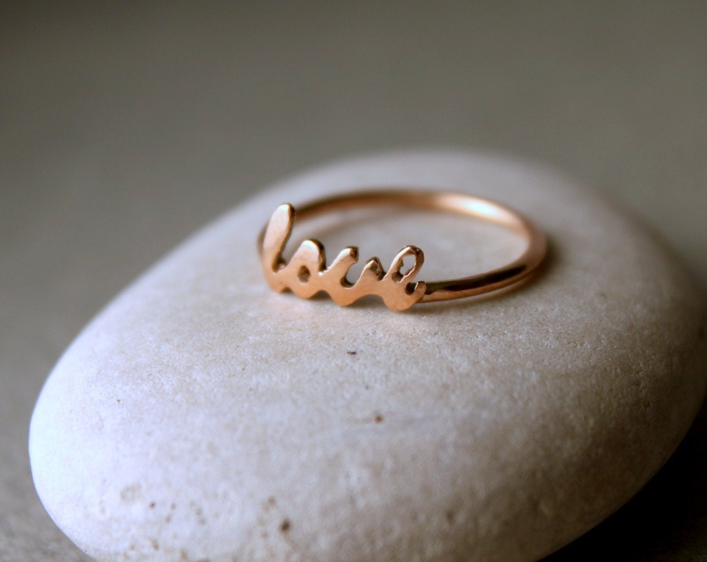 14k Gold Love Ring, Script Love Ring