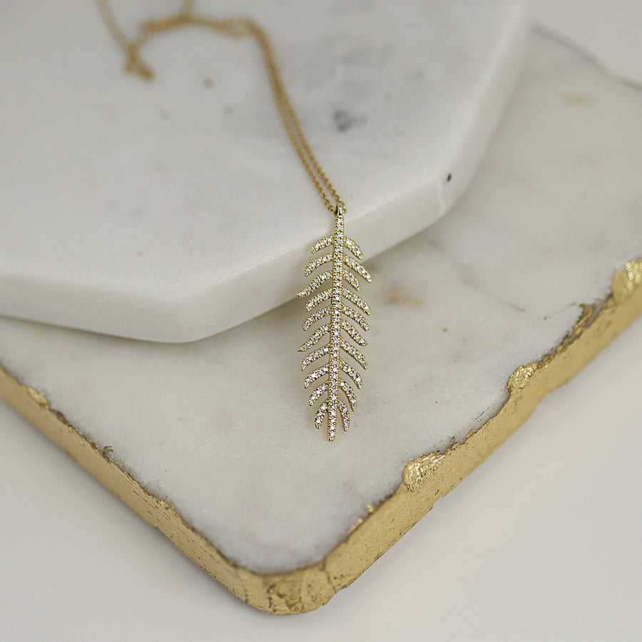 Pave Diamond Feather Necklace, 14k Gold Feather Pendant