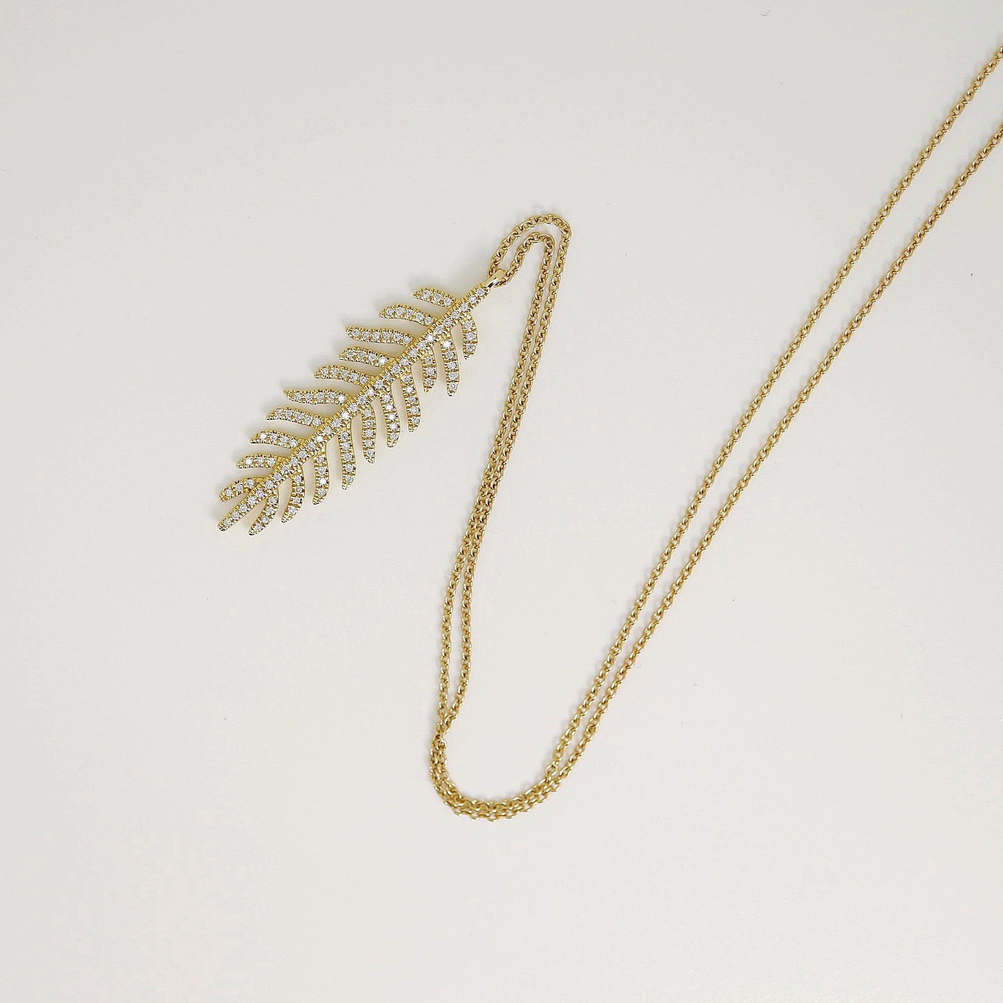 Pave Diamond Feather Necklace, 14k Gold Feather Pendant