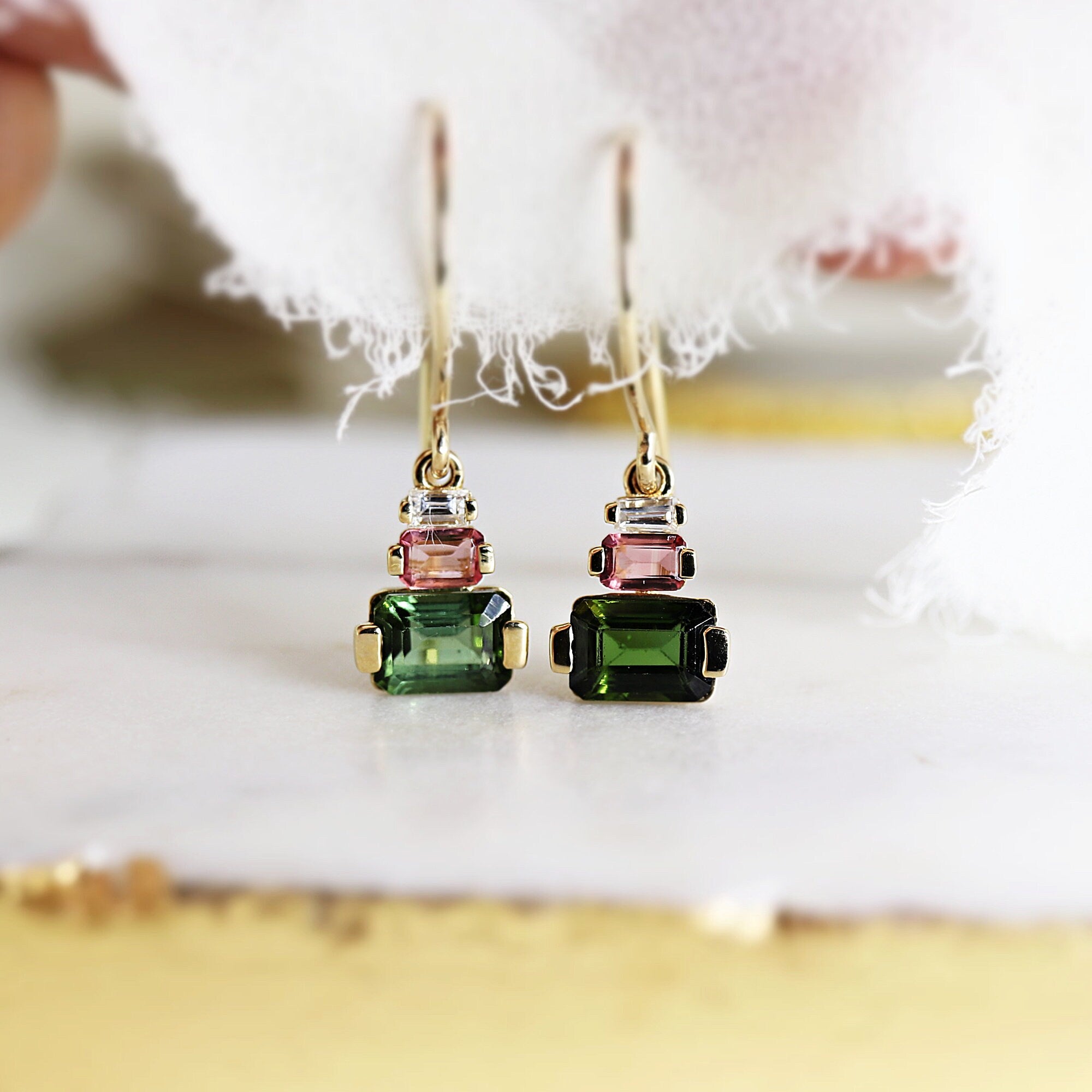 14k Gold Green Tourmaline Earrings, Dangling Earrings, Pink Tourmaline and Baguette Diamond Earrings, Baguette Tourmaline Earrings