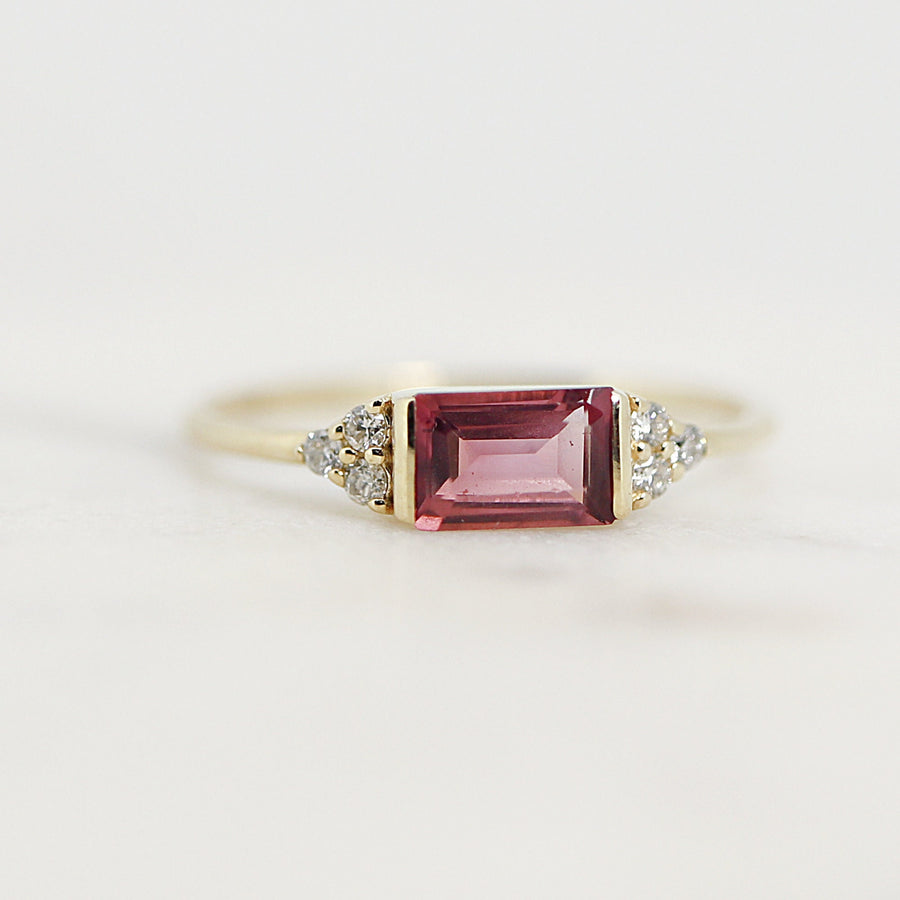 Pink Baguette Tourmaline & Diamond Ring, Art Deco Minimalist Ring