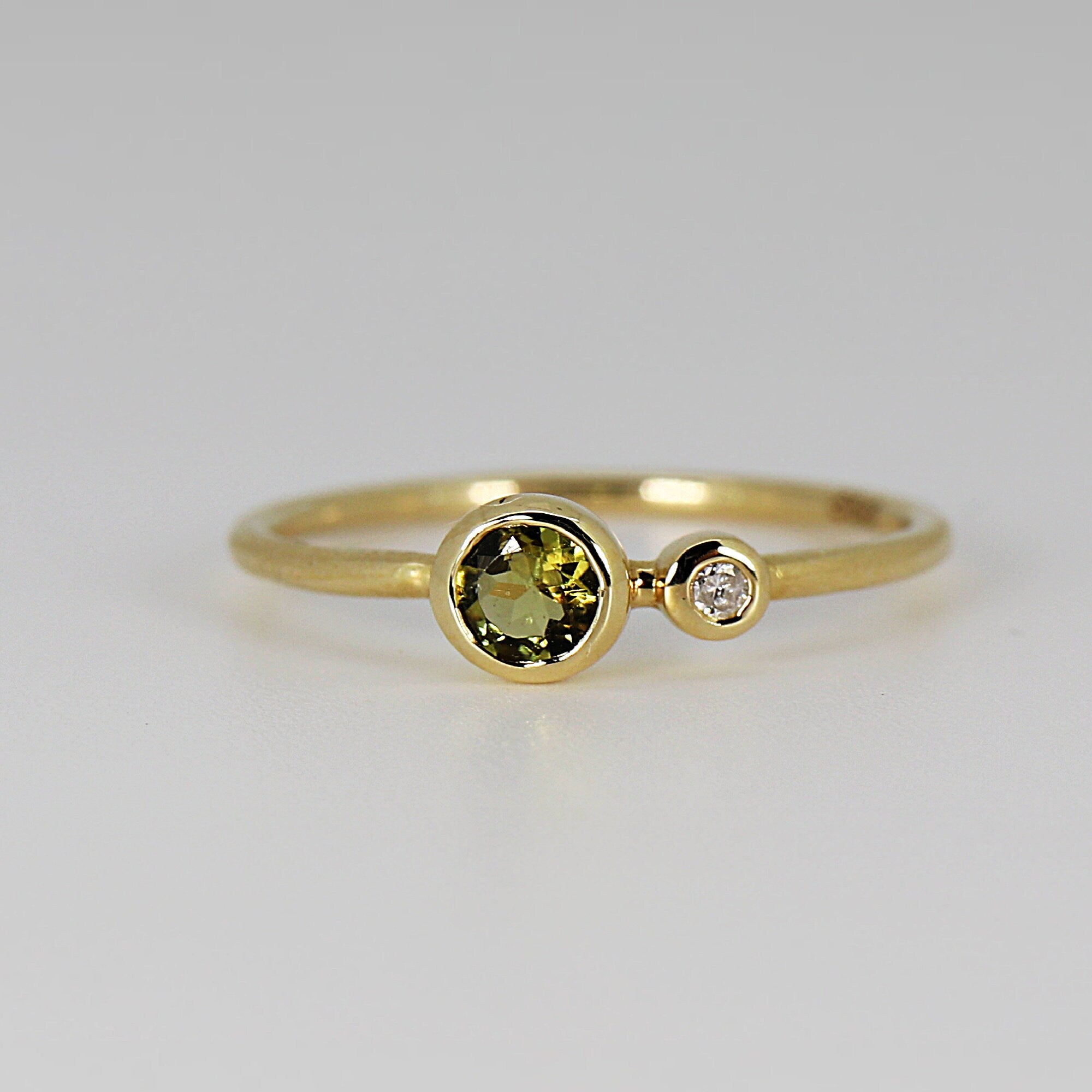 Diamond & Green Tourmaline Ring 14k Gold, Two Birthstone Ring