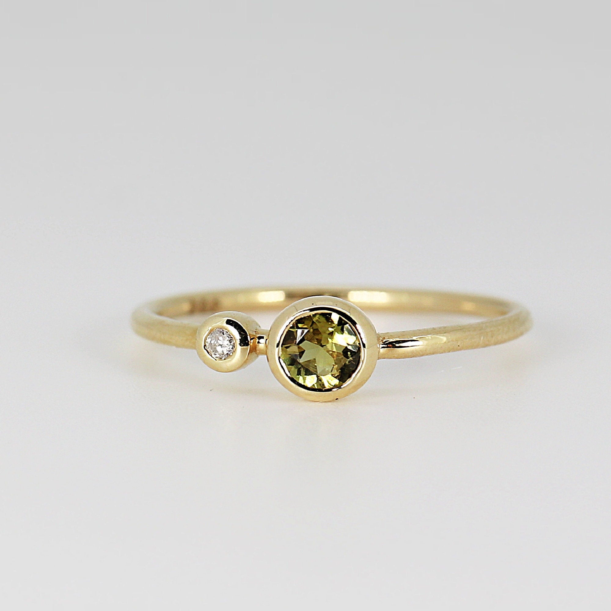 Diamond & Green Tourmaline Ring 14k Gold, Two Birthstone Ring