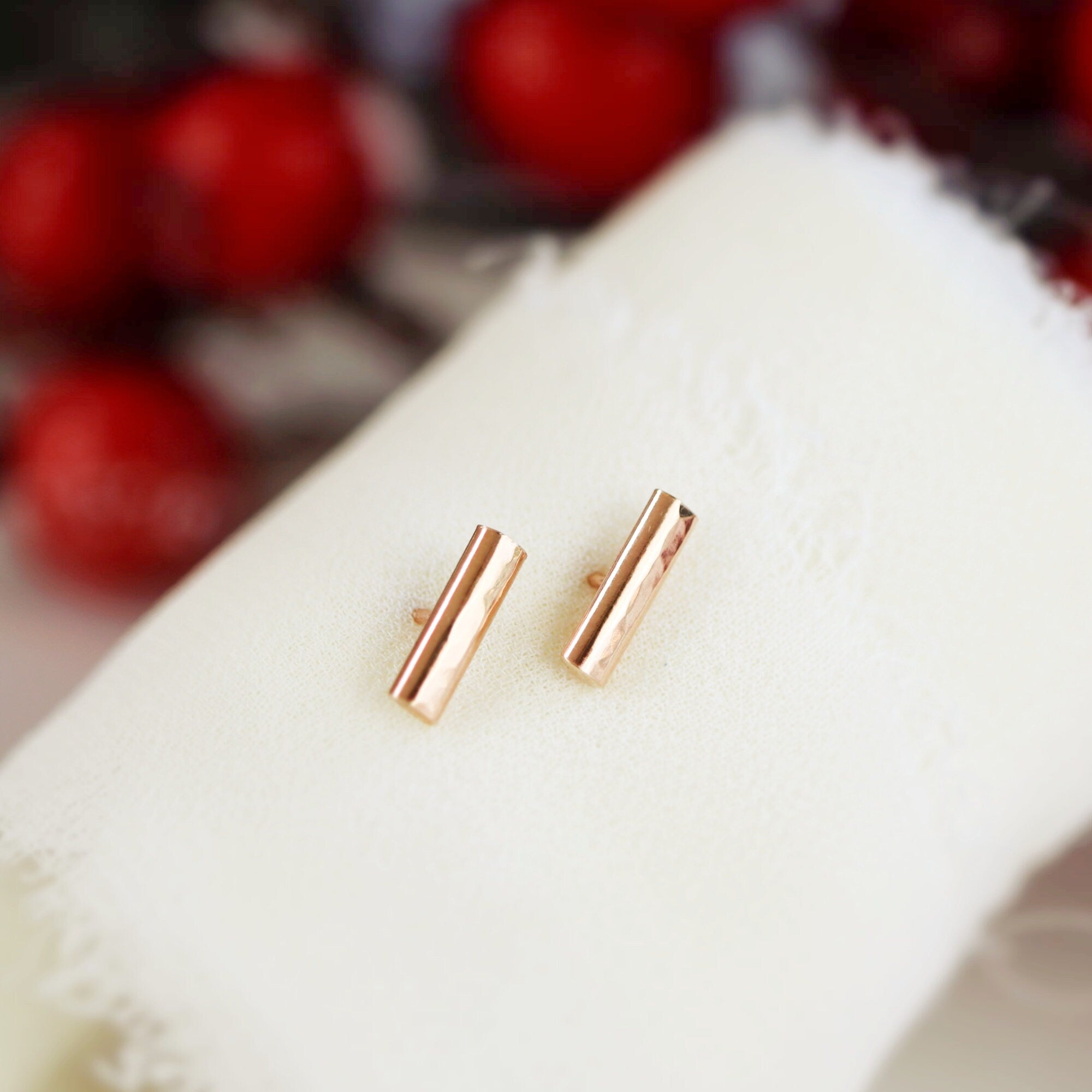 14k Gold Hammered Bar Stud Earrings, Thick Bar Earrings