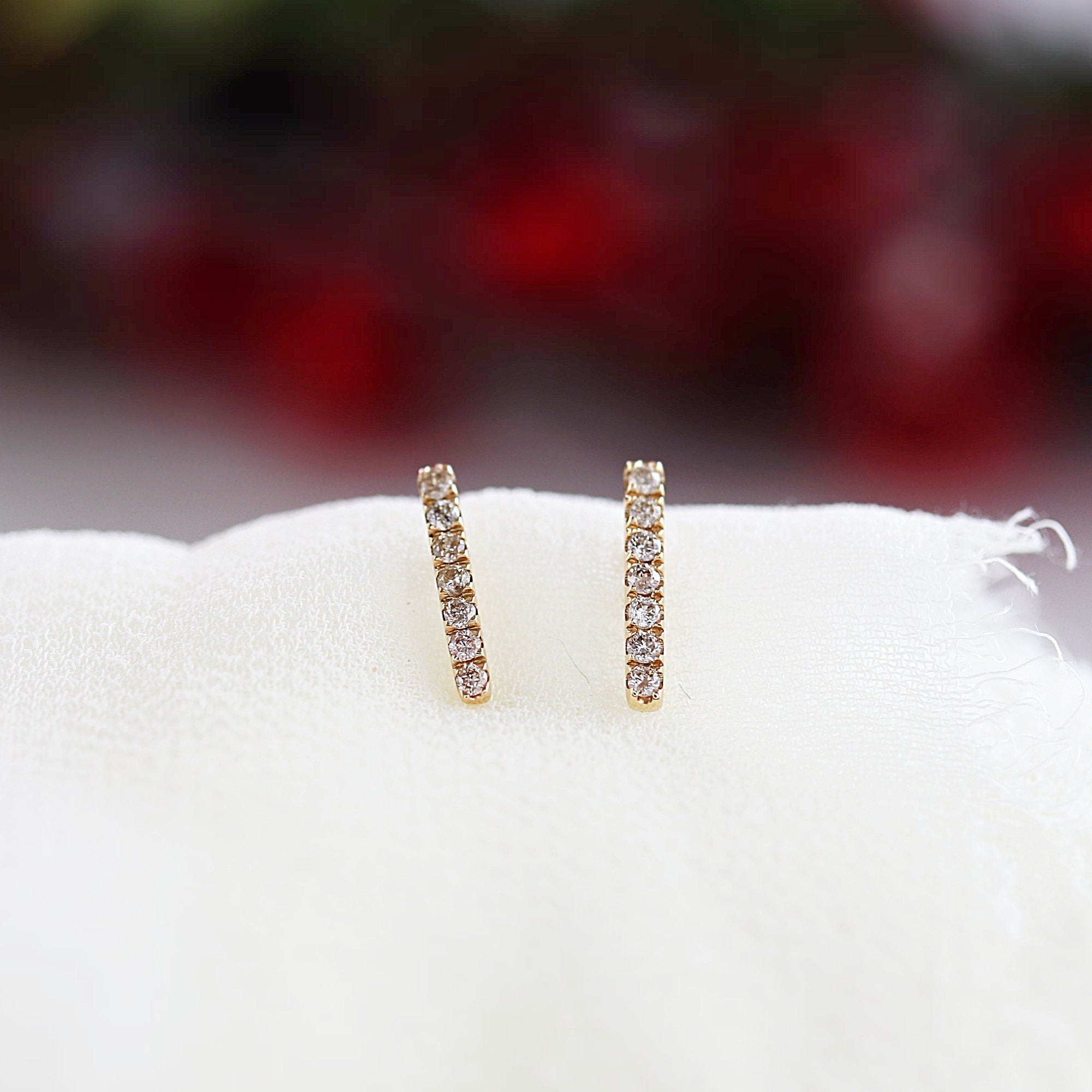 Diamond Bar Earrings, 14k Solid Gold Earrings, Modern Diamond Bar Stud Earrings, Second Hole Studs, Single Gift For Her, Geometric Earrings