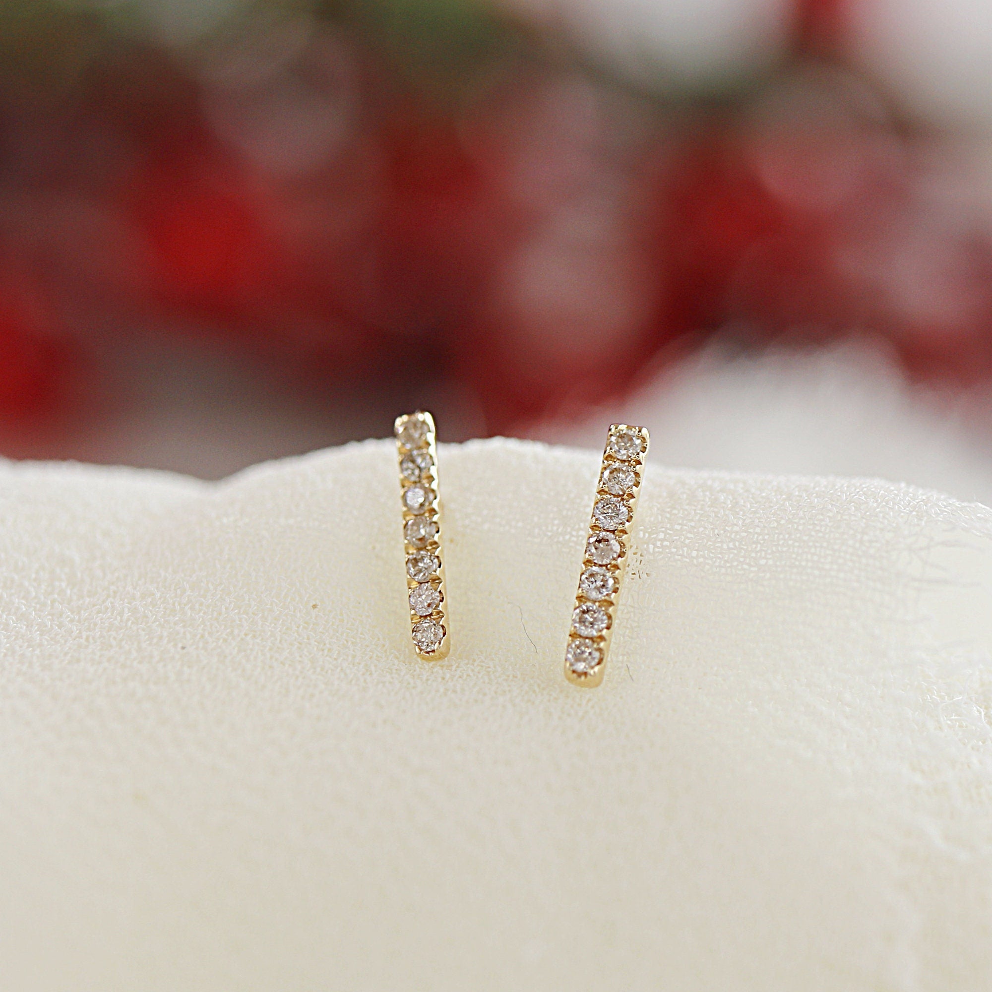 Diamond Bar Earrings, 14k Solid Gold Earrings, Modern Diamond Bar Stud Earrings, Second Hole Studs, Single Gift For Her, Geometric Earrings