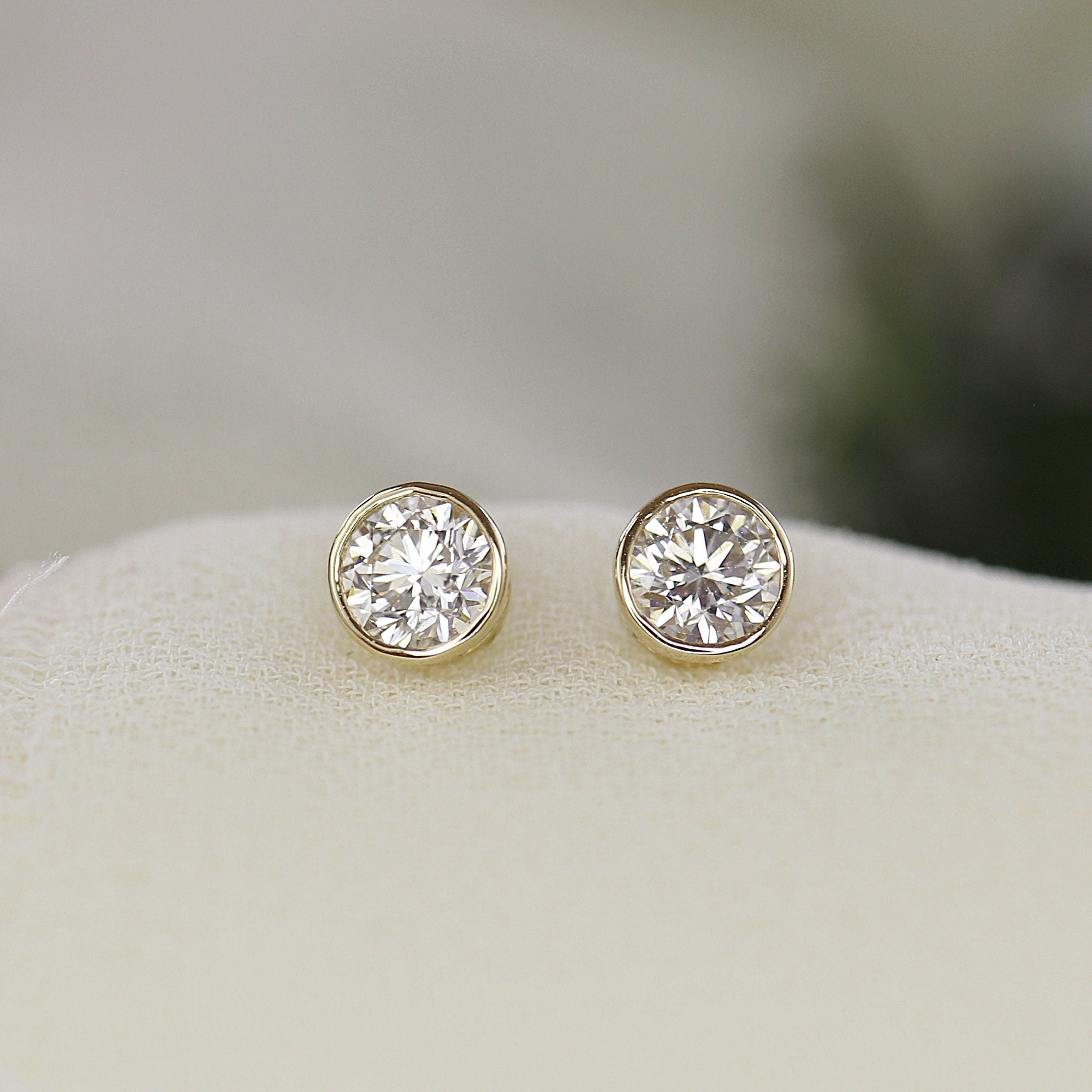 0.50 Ct Solid Gold Diamond Studs, 1/2 Ct Natural Diamond Bezel Stud Earrings