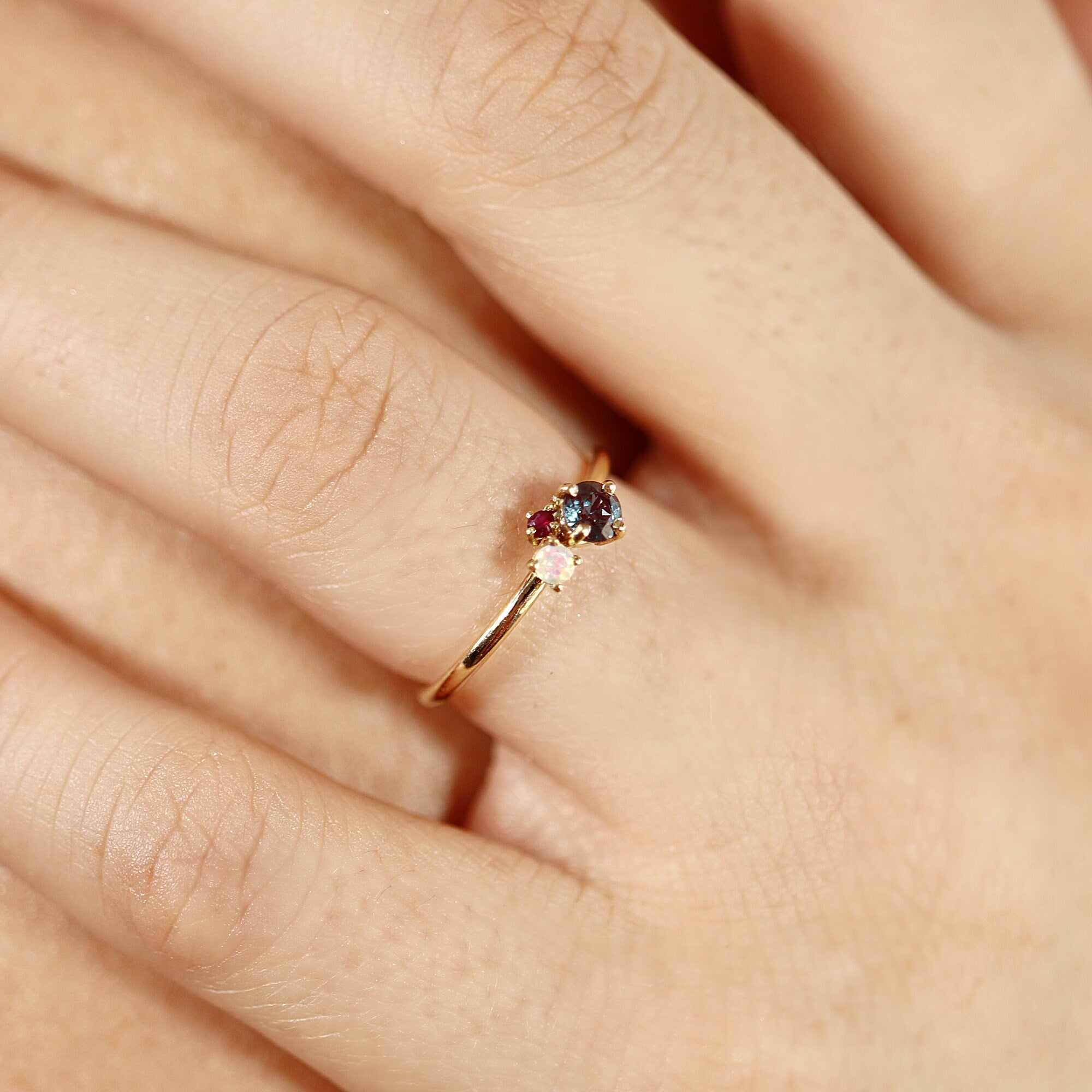 Dainty Cluster Ring, Gemstone Promise Ring with Alexandrite, Opal, Ruby