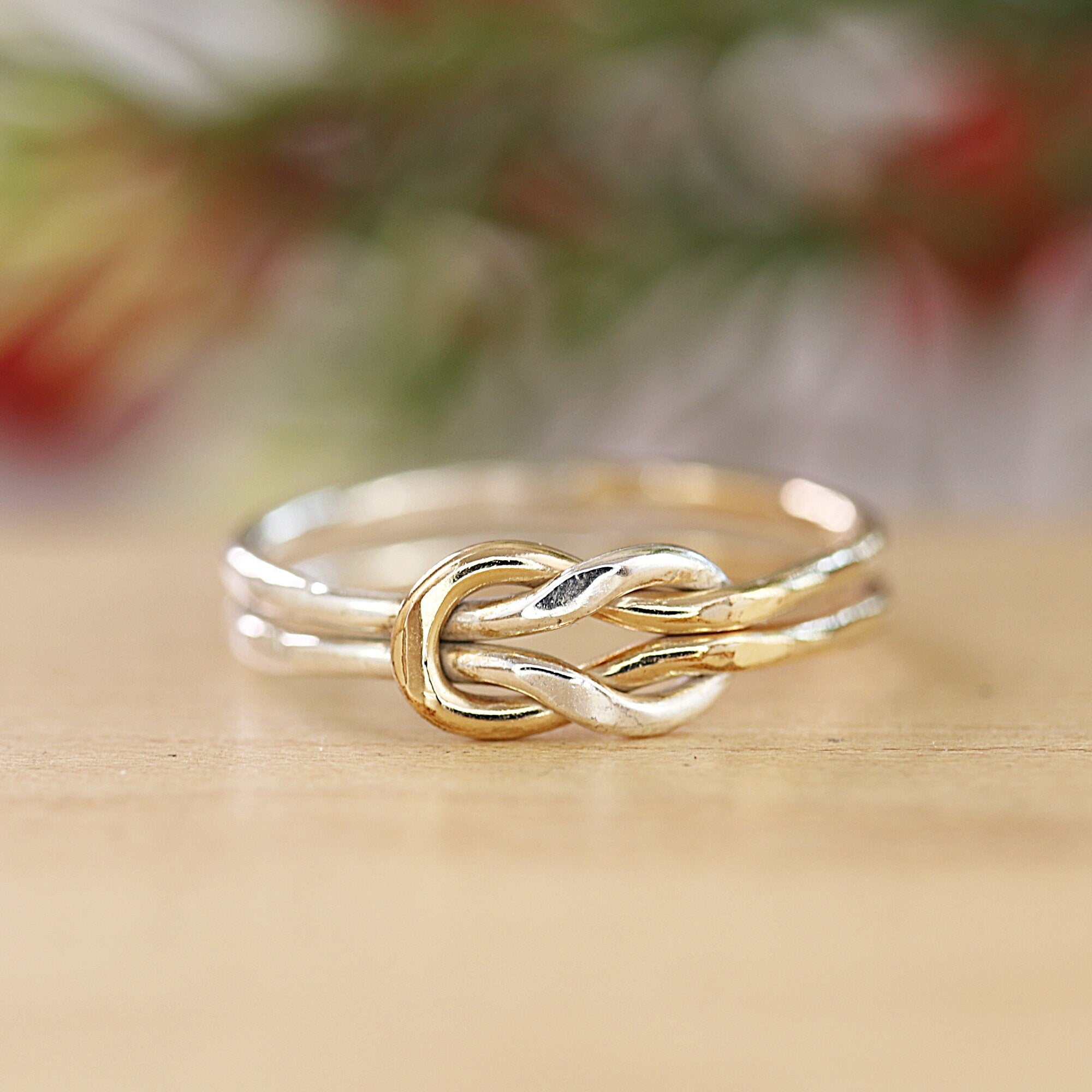 Mixed Metal Knot Ring, Gold Knot Ring, Gold Filled and Sterling Silver Knotted Ring, Hammered Midi Ring, Handmade Jewelry Gift For Wife
