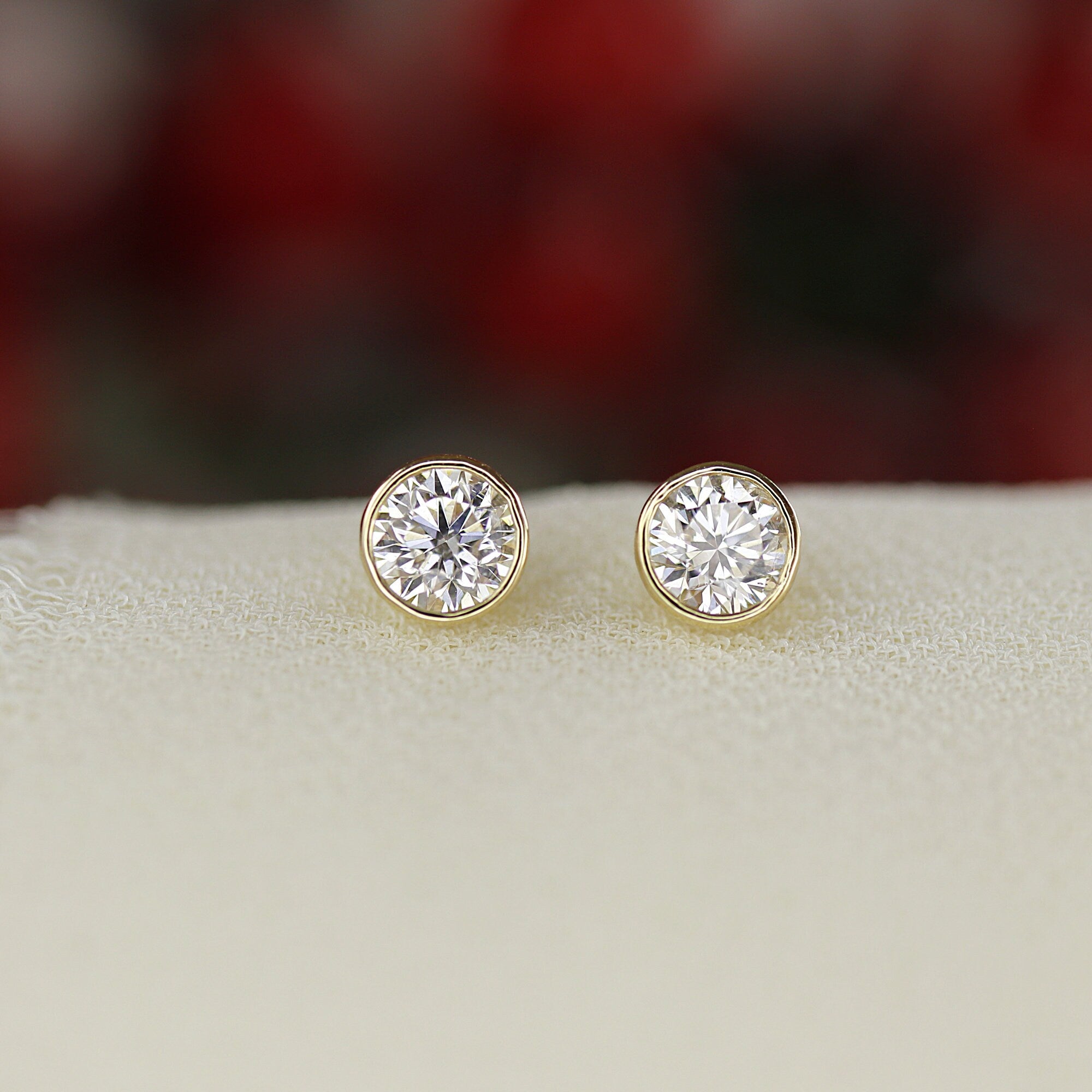 0.50 Ct Solid Gold Diamond Studs, 1/2 Ct Natural Diamond Bezel Stud Earrings