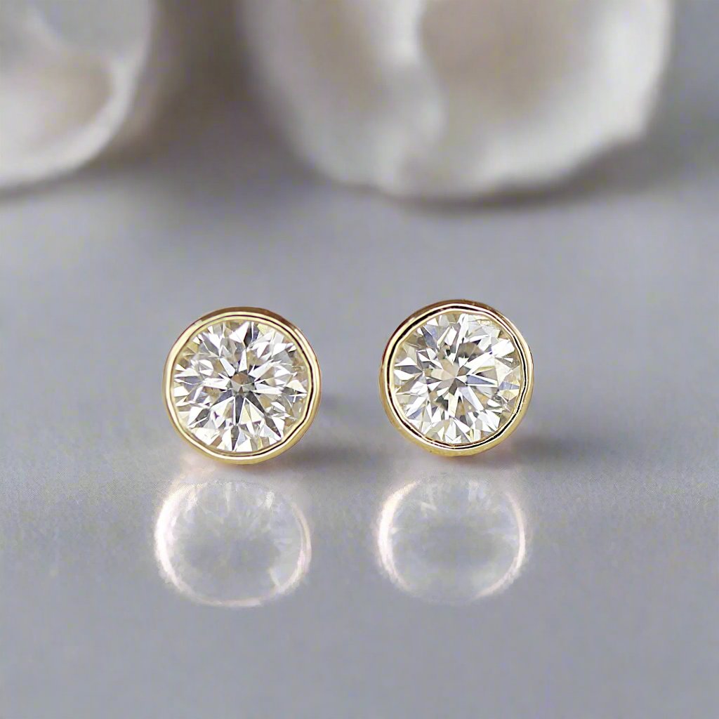 0.50 Ct Solid Gold Diamond Studs, 1/2 Ct Natural Diamond Bezel Stud Earrings